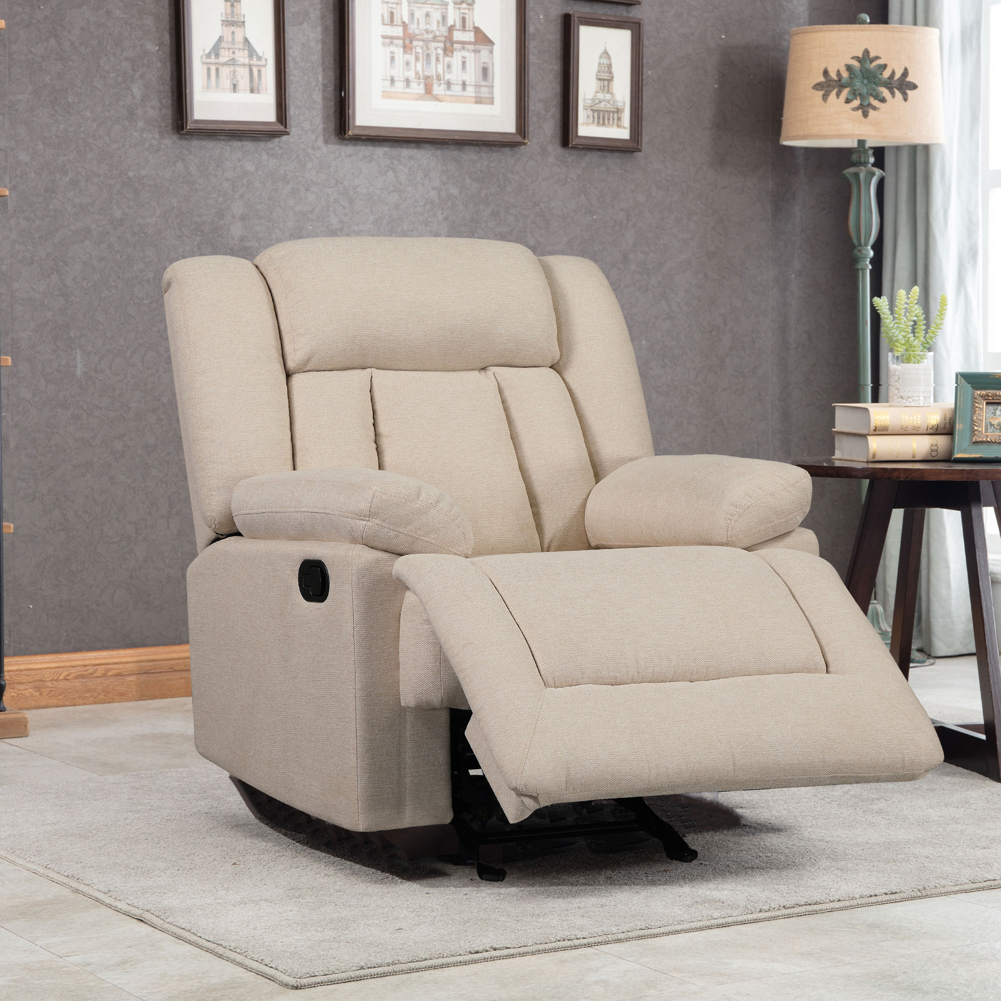 Welike Beige Fabric Recliner Chair Adjustable Home Theater Single Recliner Thick Seat and Backrest, Rocking Sofa for Living Room-Boyel Living