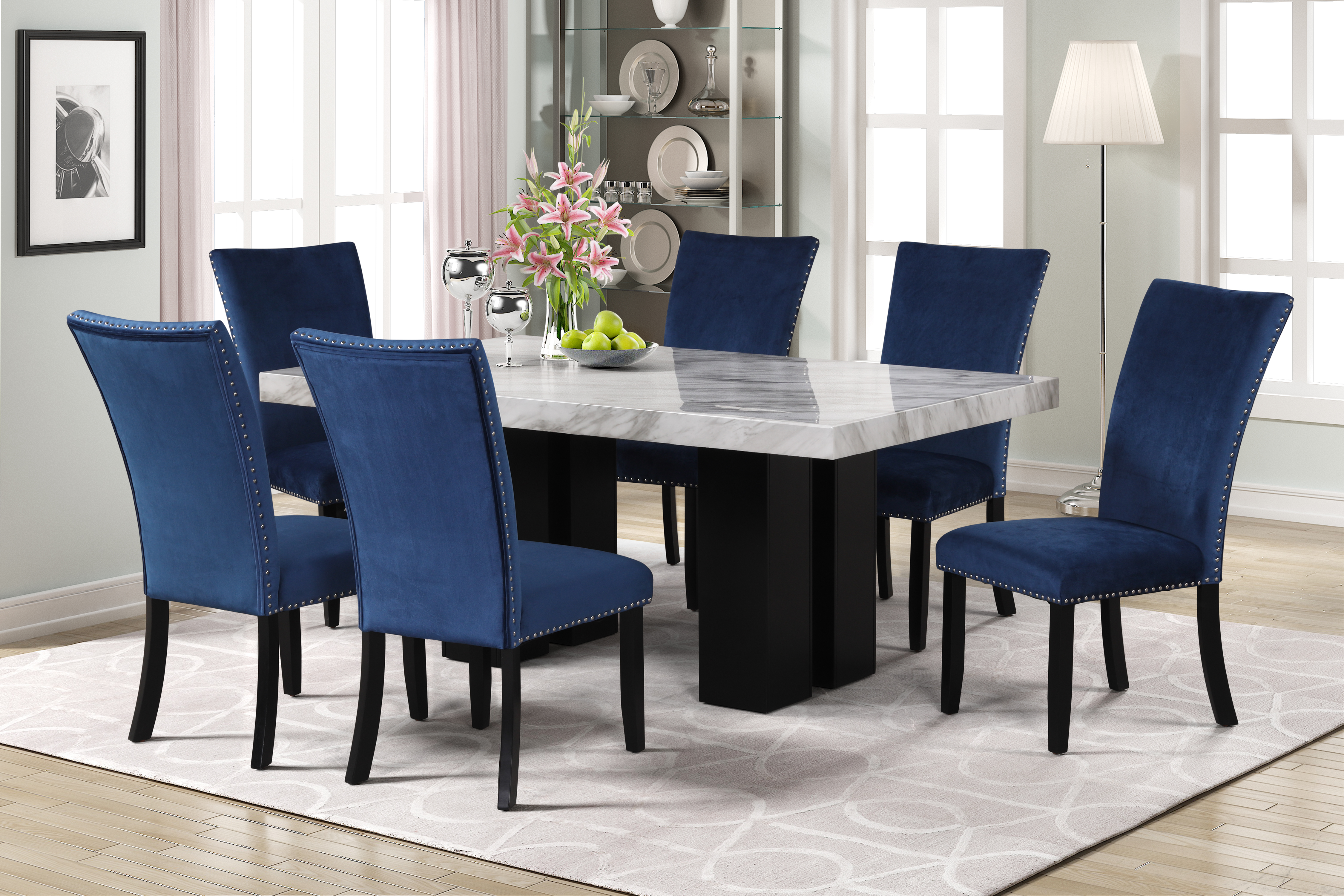7-piece Dining Table Set with 1 Faux Marble Dining Rectangular Table and 6 Upholstered-Seat Chairs ,for Dining room and Living Room Furniture, Table Top:70in.Lx42in.Wx3in.H, Blue-Boyel Living
