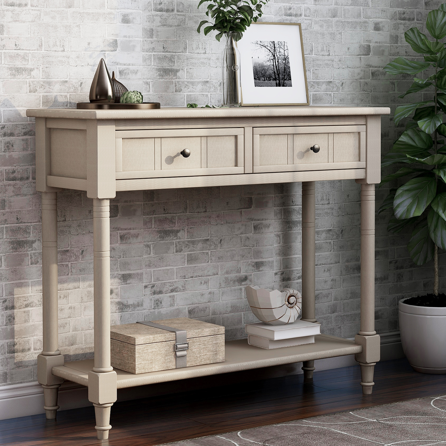 Daisy Series Console Table Traditional Design with Two Drawers and Bottom Shelf (Retro Grey)-Boyel Living