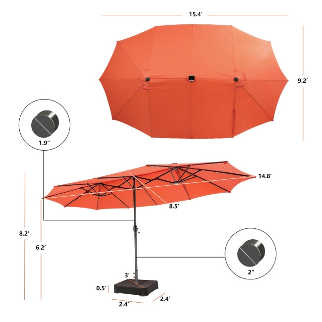 Boyel Living 15 Feet Double-Sided Patio Umbrella with 48 LED Lights