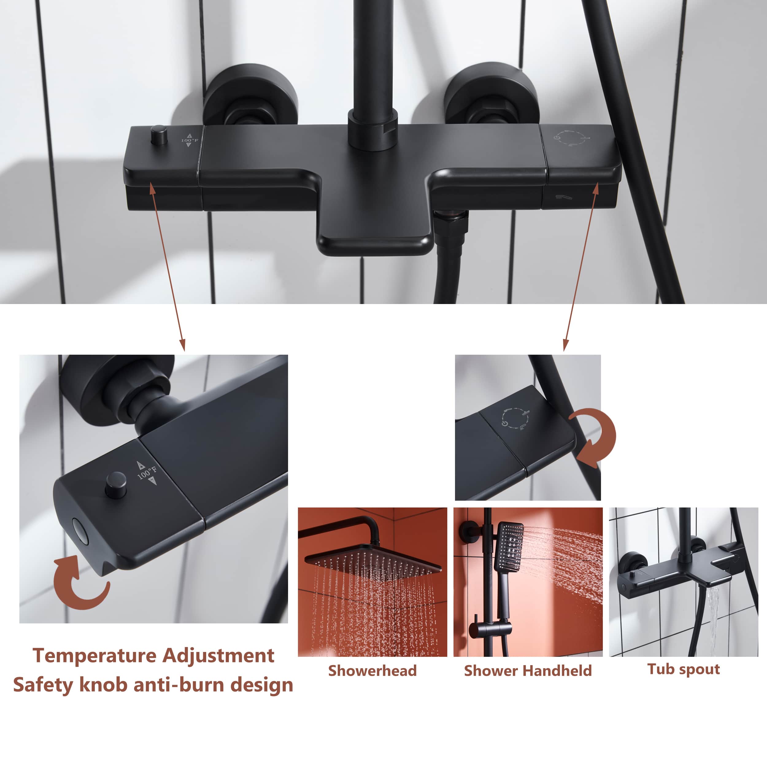 Wall Mount Thermostatic Rain Shower System with Handheld Shower and Tub Spout in Matte Black-Boyel Living