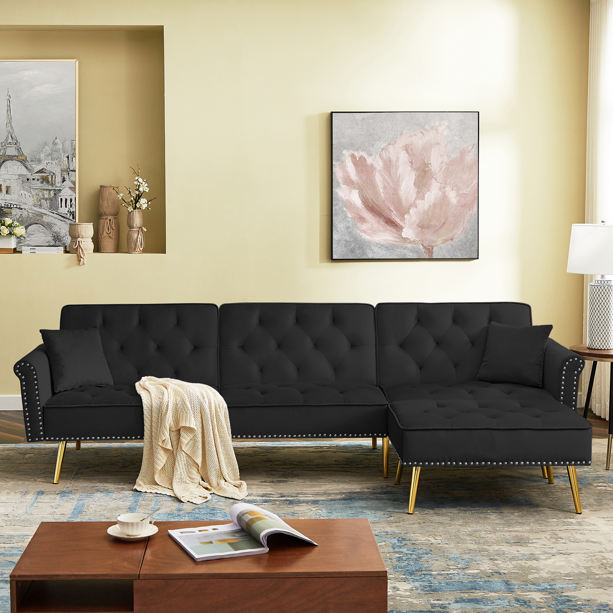 Modern Velvet Upholstered Reversible Sectional Sofa Bed , L-Shaped Couch with Movable Ottoman and Nailhead Trim For Living Room. (Black)-Boyel Living
