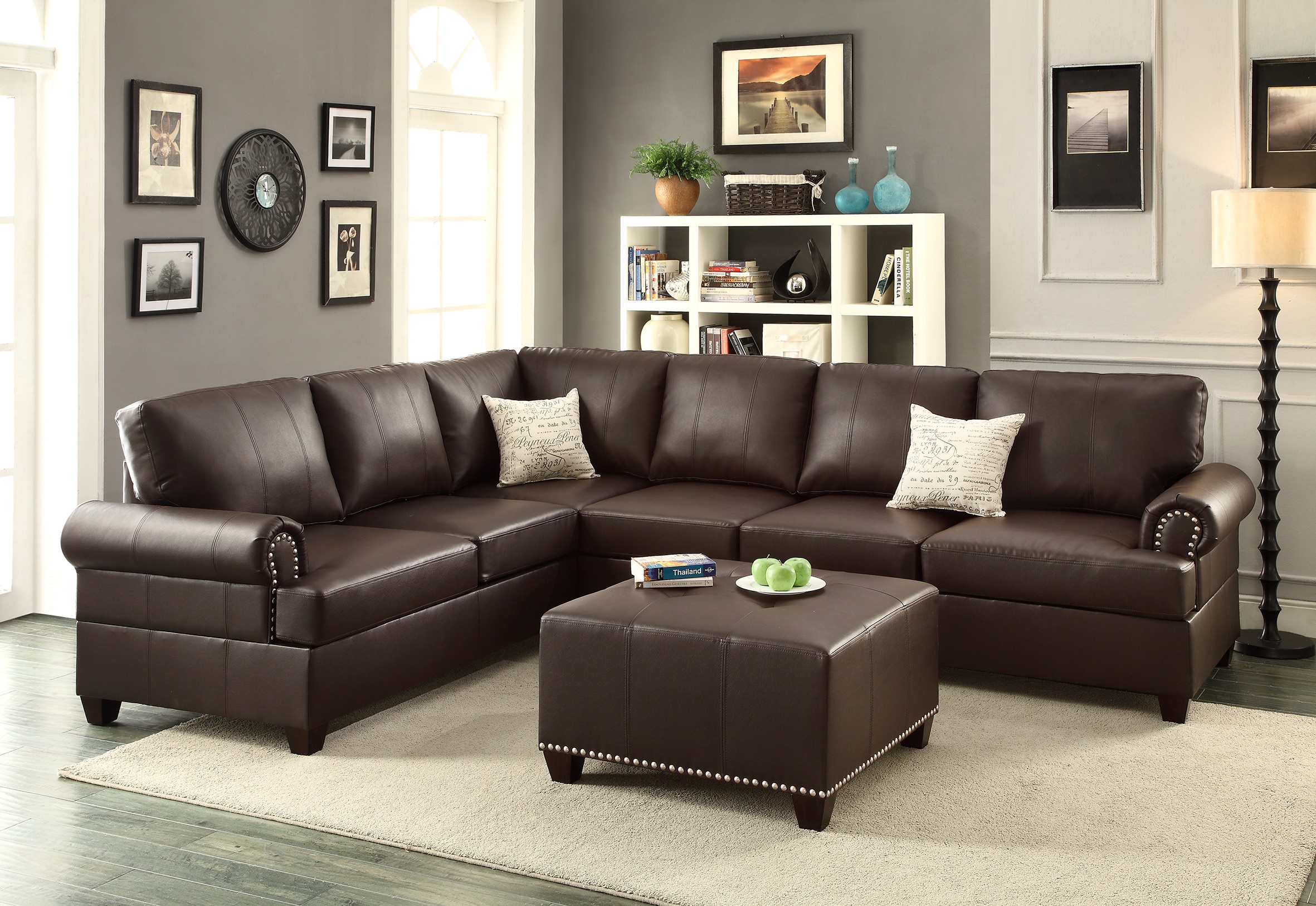 Espresso Sectional 2pc Sofa Set Living Room Furniture Reversible L/R Loveseat Wedge Sofa Couch Pillows Nailhead Rolled Arms-Boyel Living