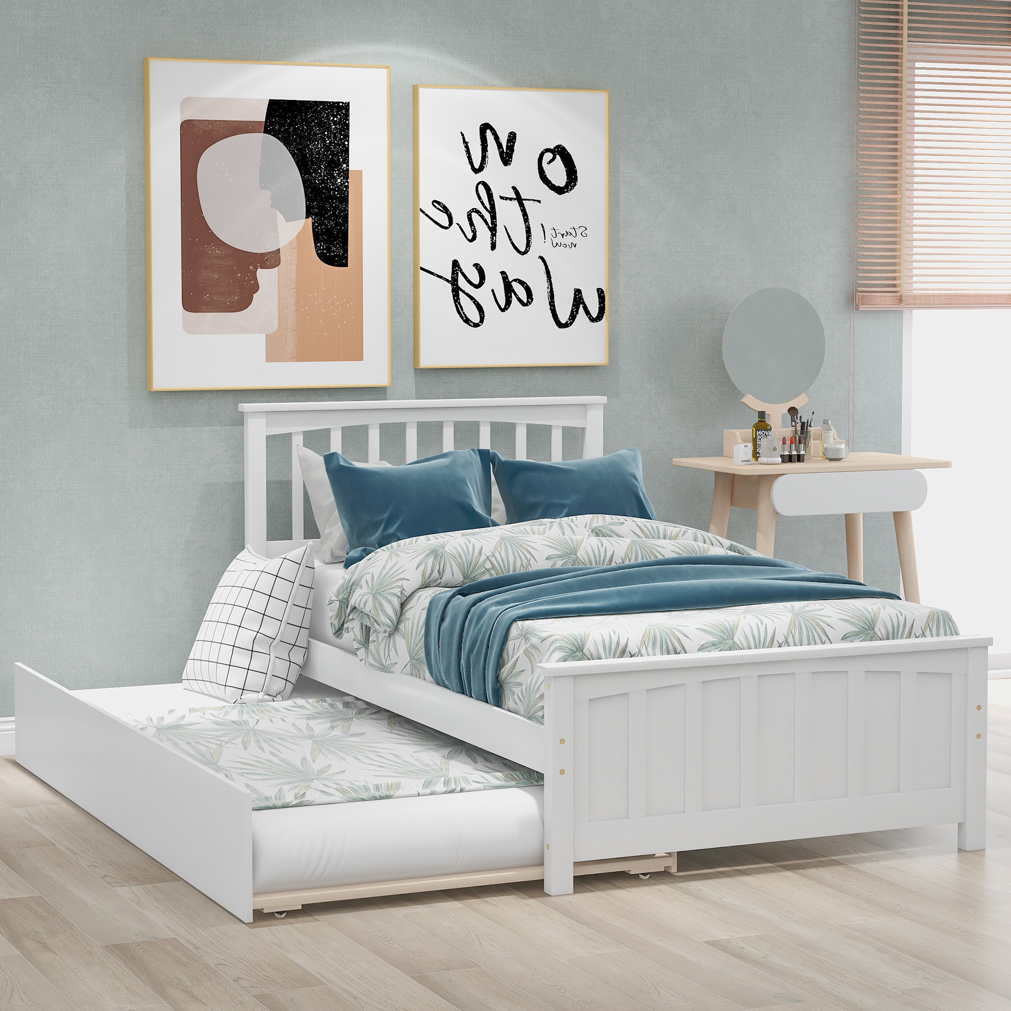 Twin size Platform Bed with Trundle, White-Boyel Living
