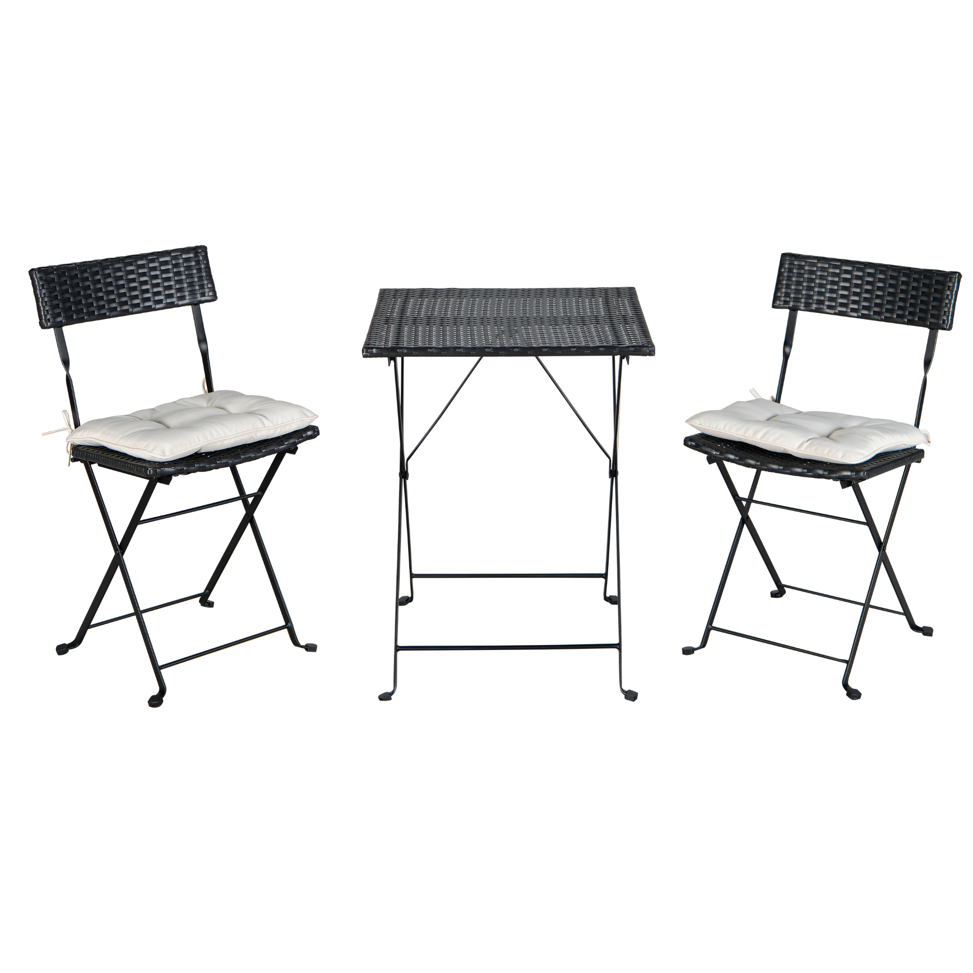 Black PE Wicker Folding Bistro Set (One Table With Two Chairs And Two Beige Cushion)-Boyel Living