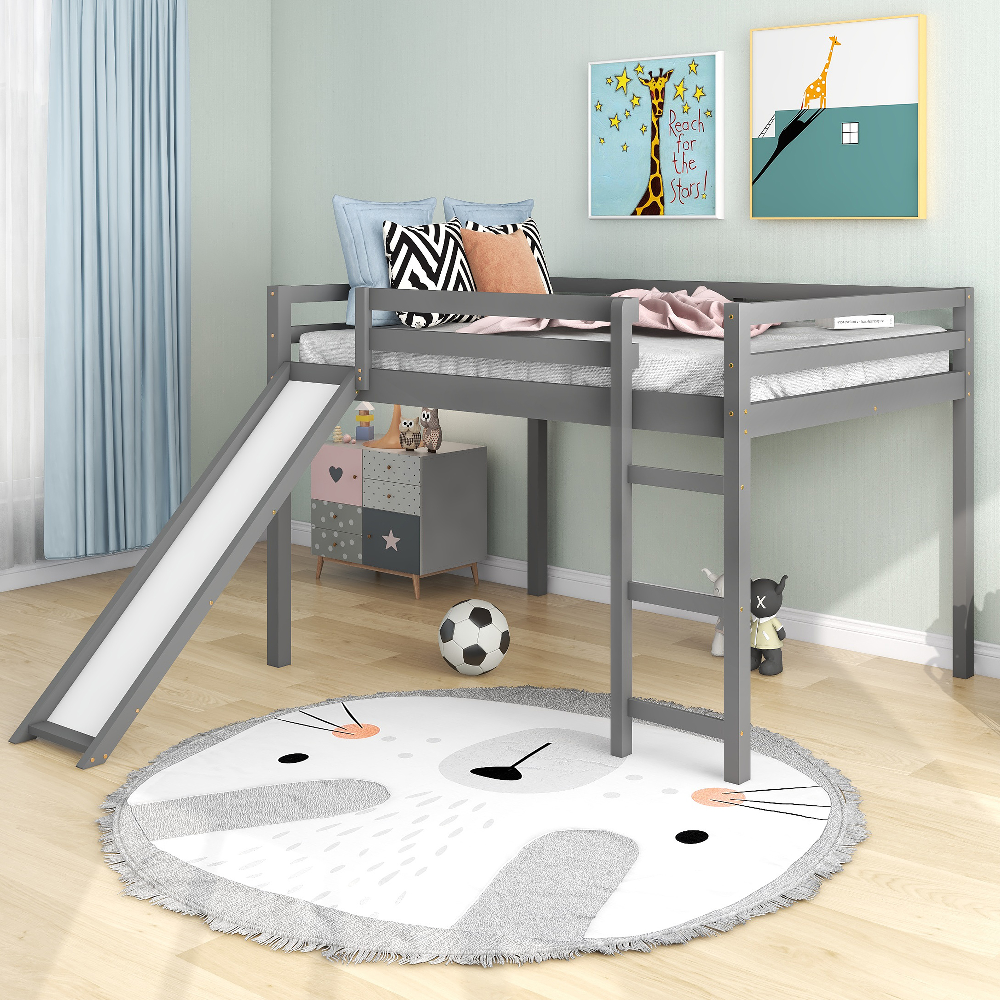 Loft Bed with Slide, Multifunctional Design, Full (Gray)(OLD SKU :WF281157AAE)-Boyel Living