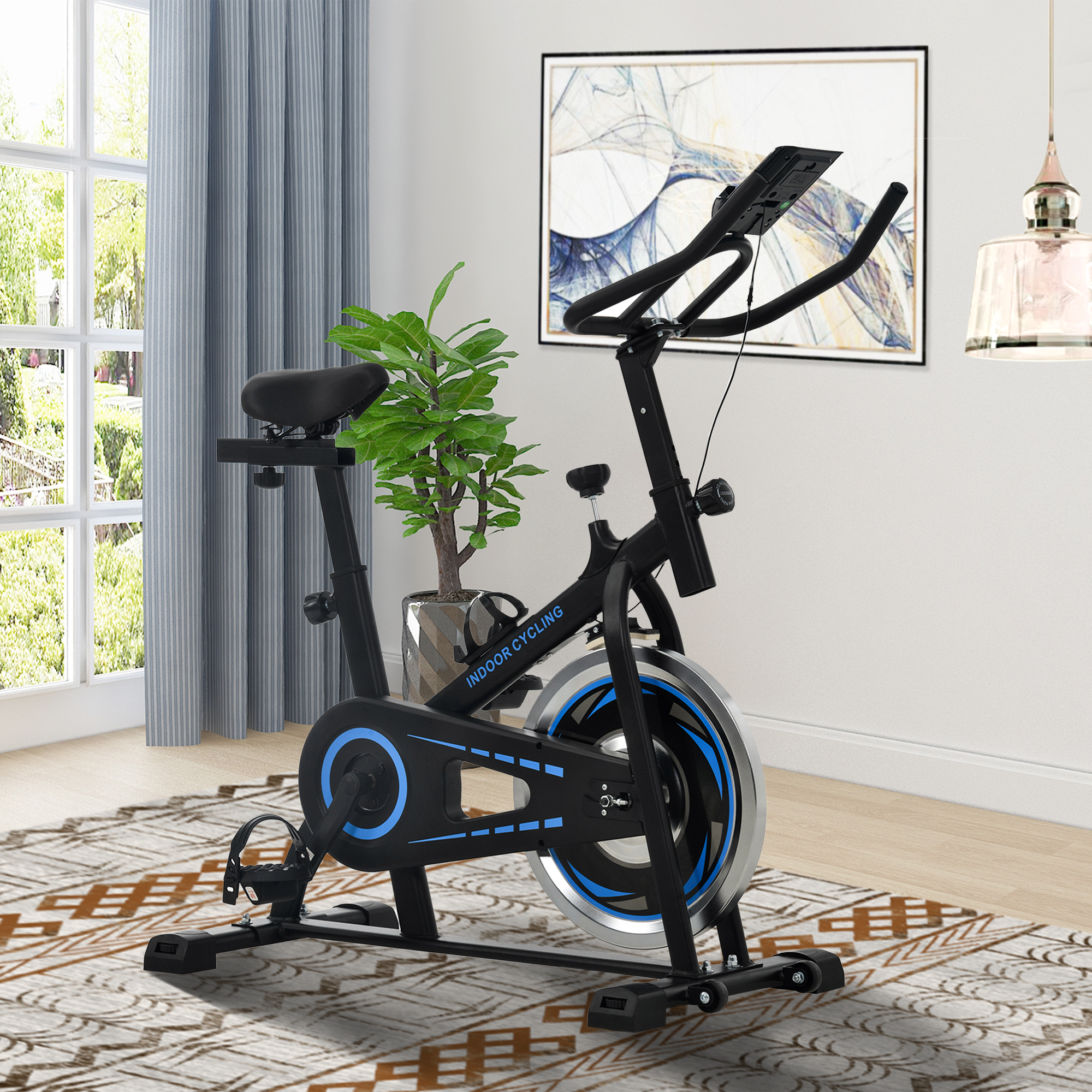 Movable Indoor Cycling Bike with LCD Monitor,Ipad Mount for Home Cardio Gym Machine,Home Use,Blue-Boyel Living