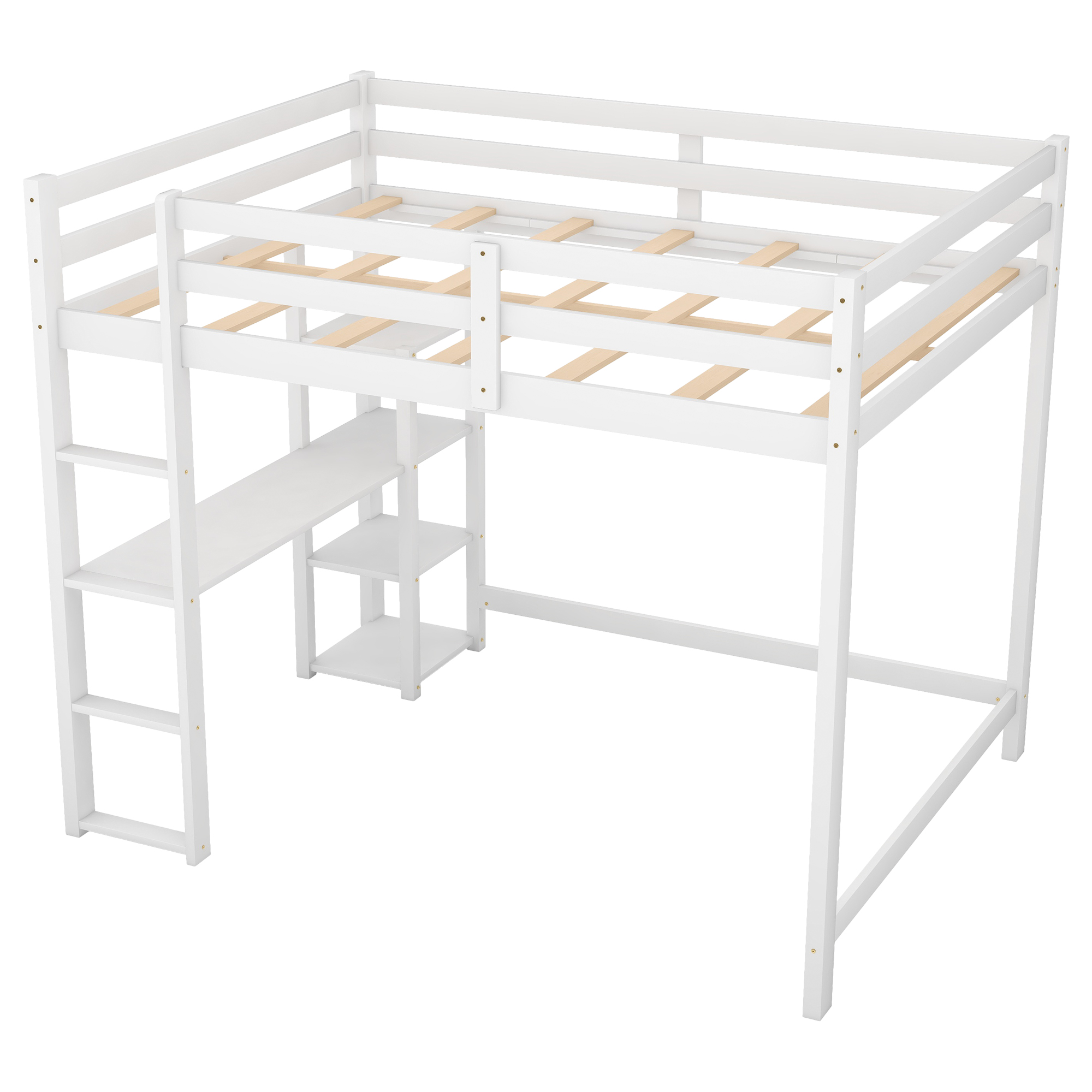 Full Size Loft Bed with Built-in Desk and Shelves,White/Gray