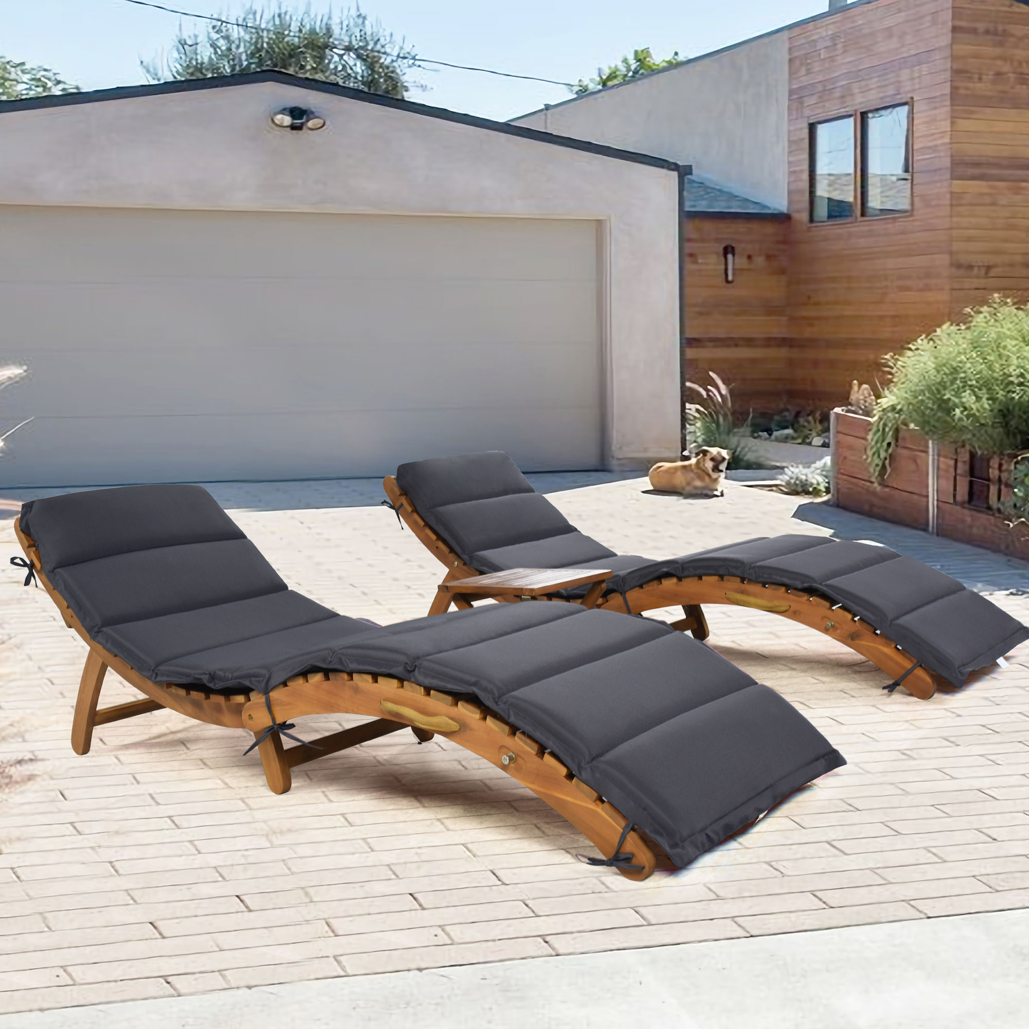 Outdoor Patio Wood Portable Extended Chaise Lounge Set with Foldable Tea Table for Balcony, Poolside, Garden, Brown Finish+Dark Gray Cushion-Boyel Living