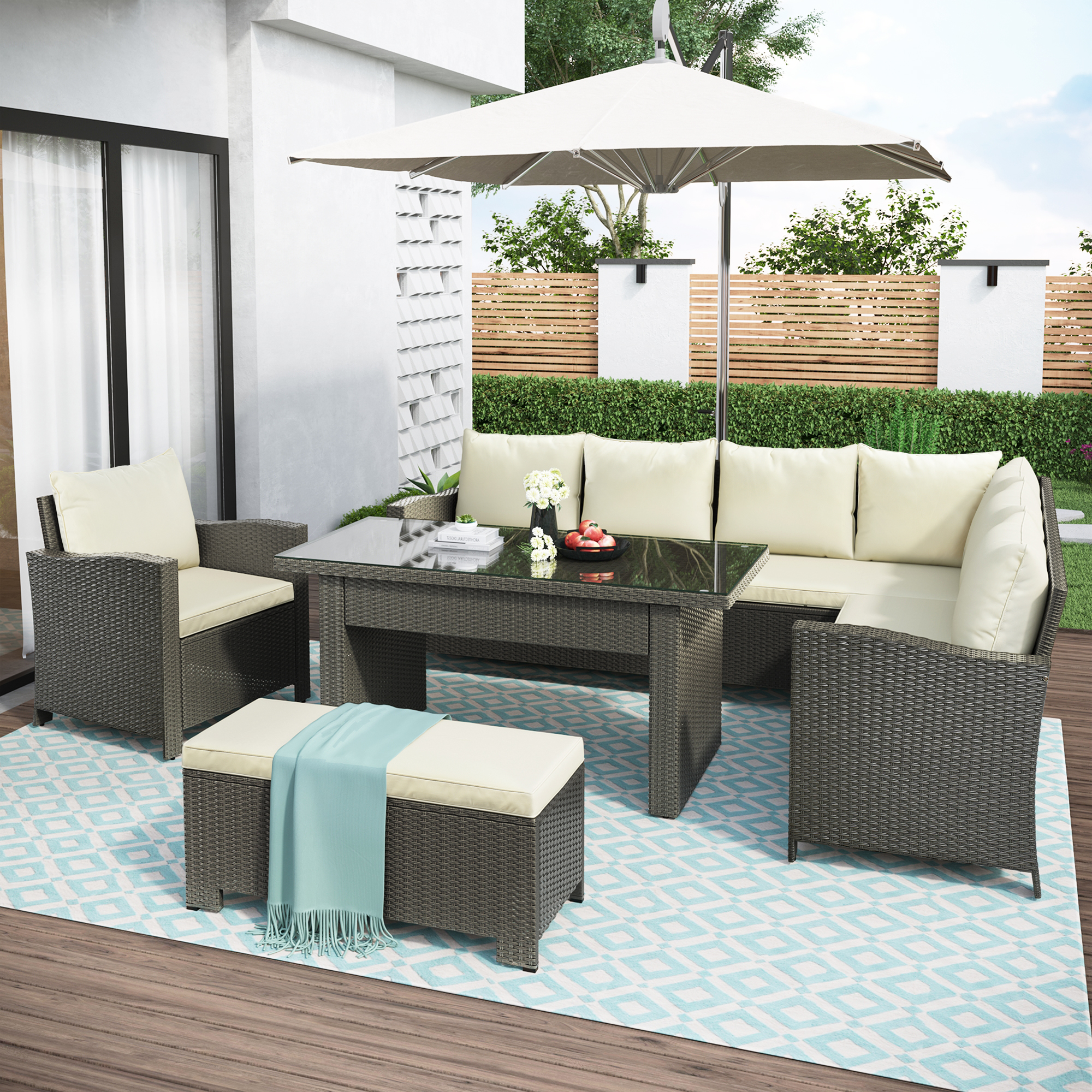 U_STYLE Patio Furniture Set, 6 Piece Outdoor Conversation Set, Dining Table Chair with Bench and Cushions