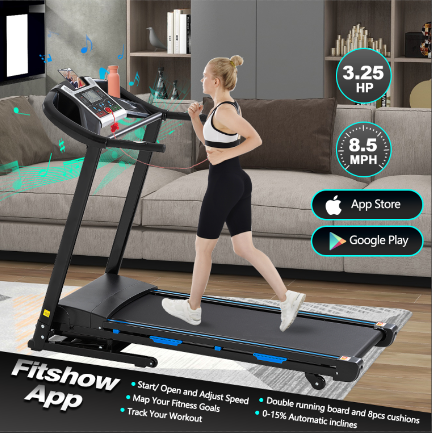Treadmills for Home, Electric Treadmill with 15% Automatic Incline, Foldable 3.25HP Workout Running Machine Walking, Double Running Board Shock Absorption Pulse Sensor Bluetooth Speaker APP FITSHOW.-Boyel Living