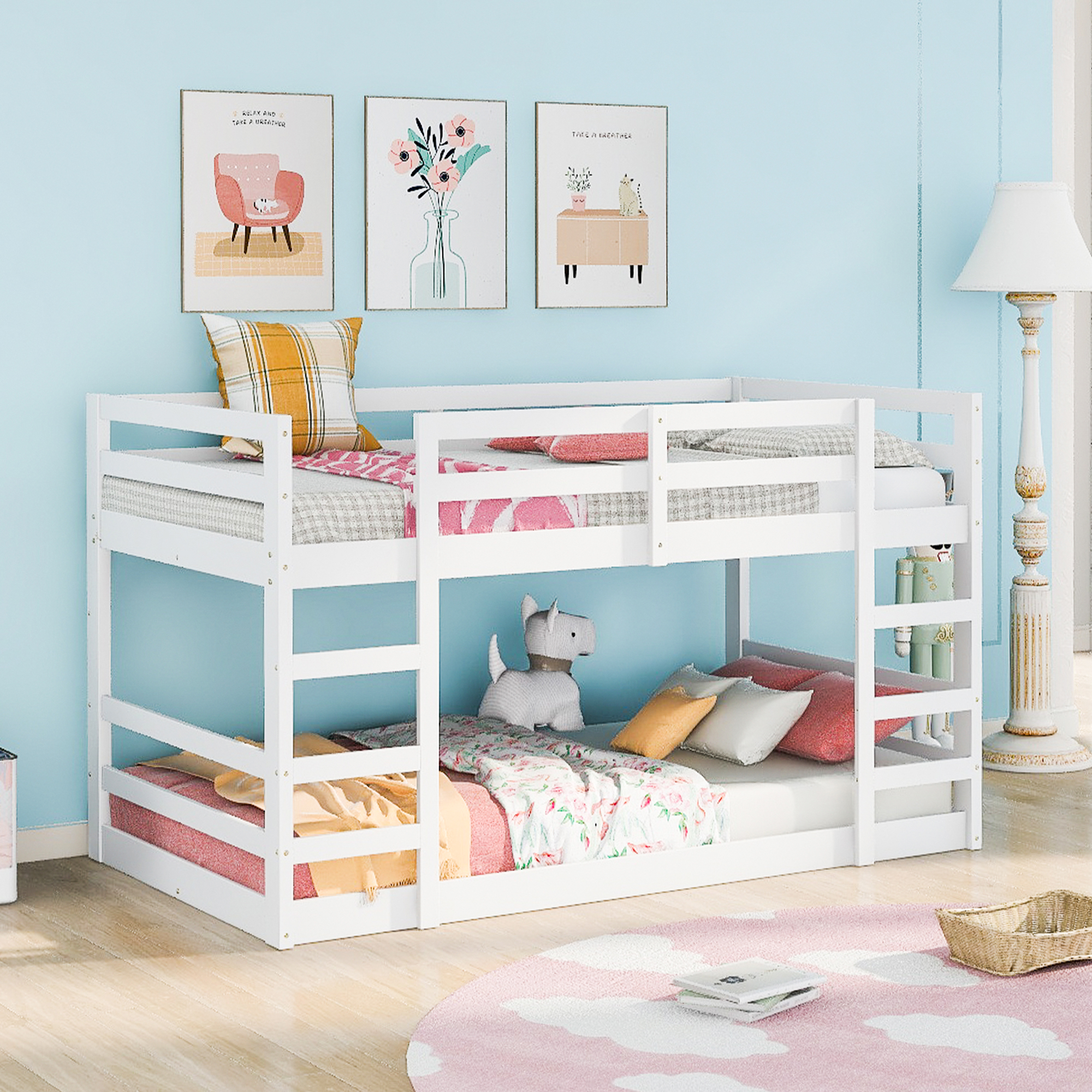 Twin Over Twin Bunk Bed with Ladder, White-Boyel Living