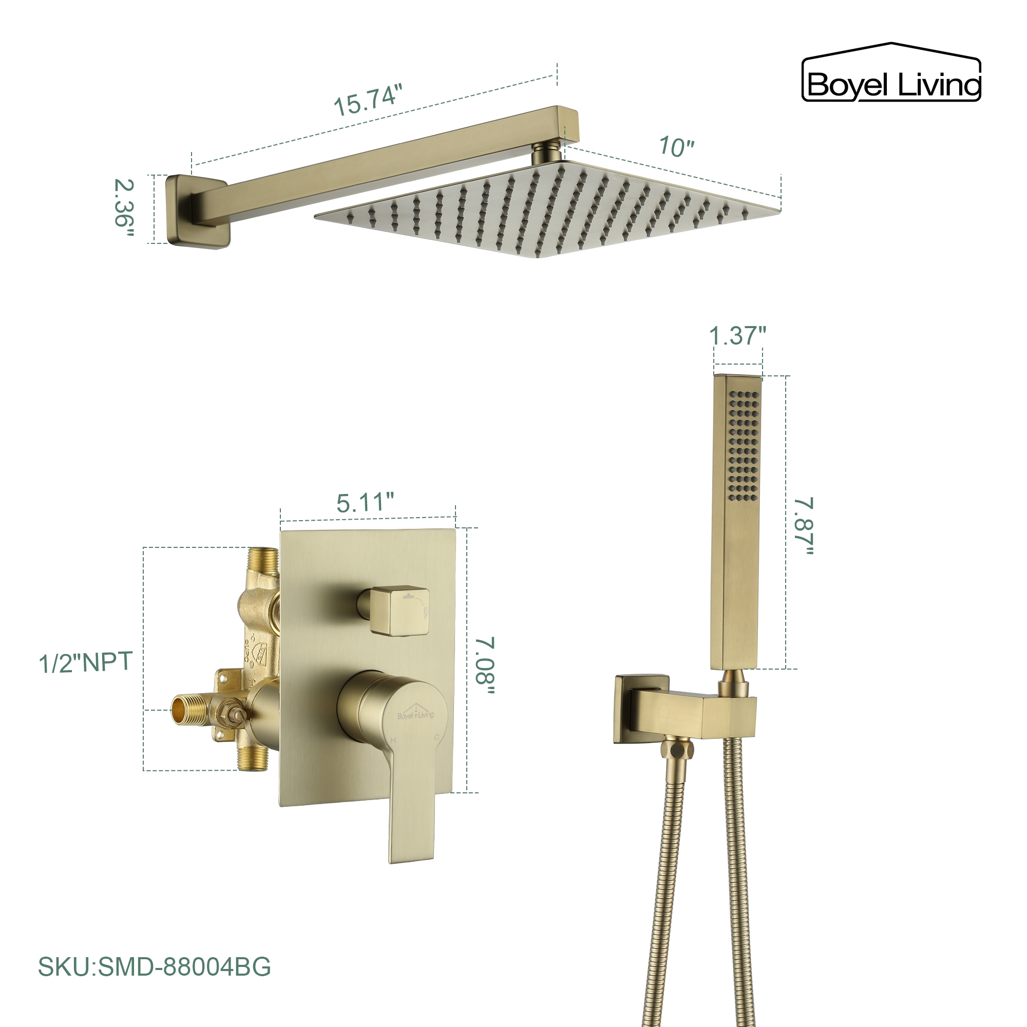 Boyel Living 10-Inch Wall Mounted Dual Shower Heads Shower System Dimensions-Boyel Living