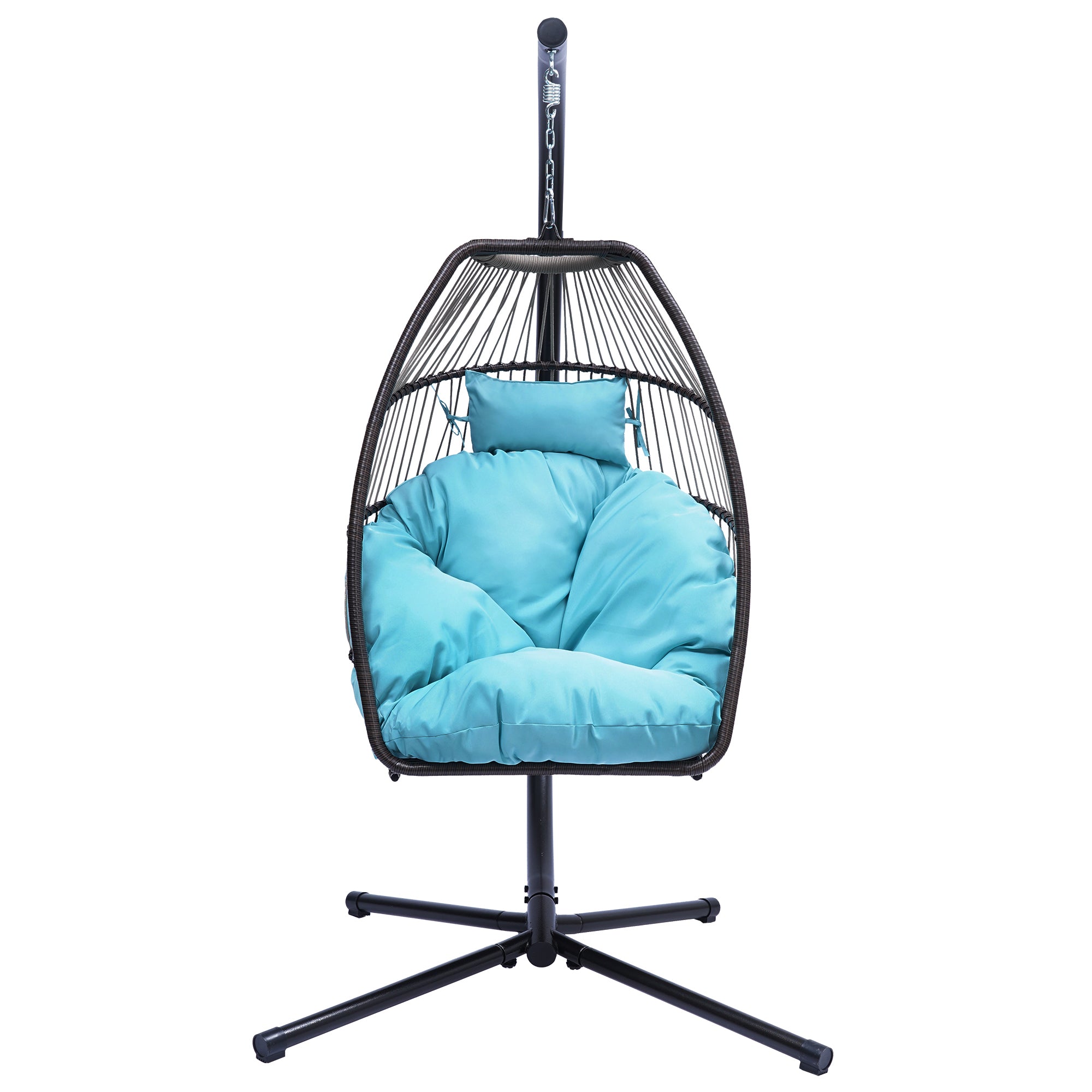 Patio Wicker folding Hanging Chair,Rattan Swing Hammock Egg Chair with C Type bracket , with cushion and pillow,Blue-Boyel Living