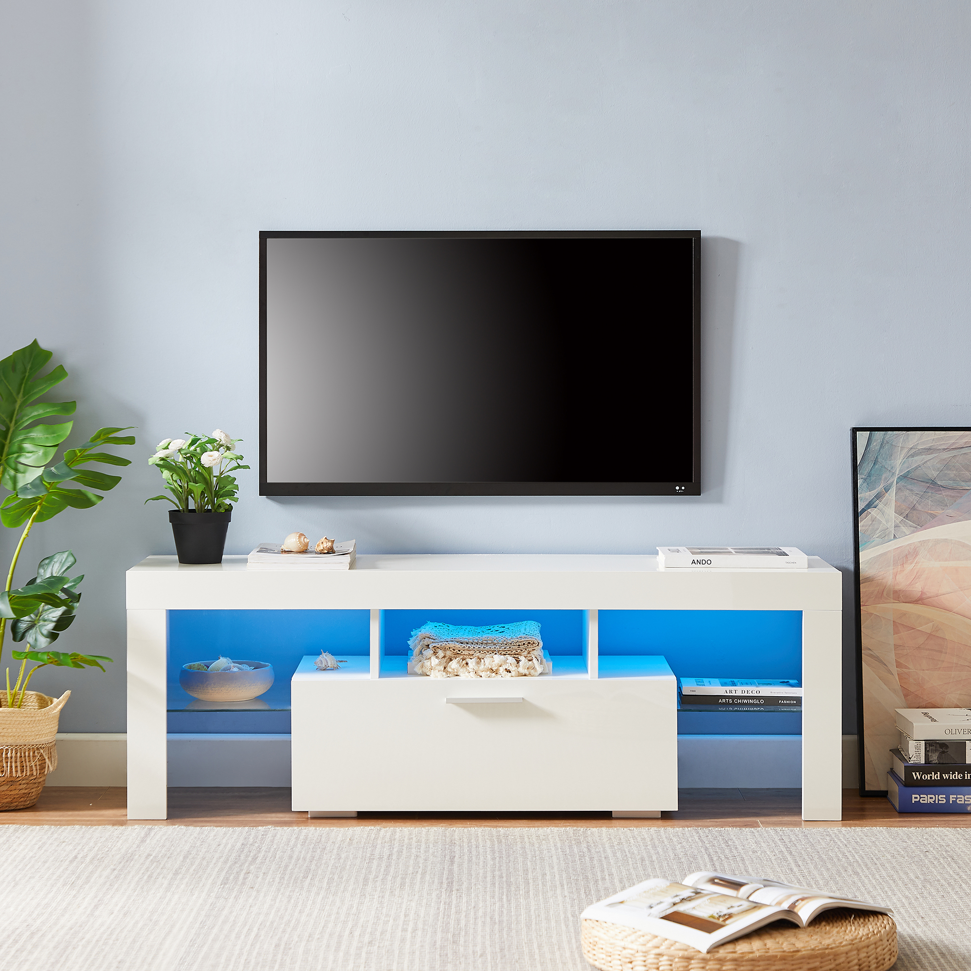 20 minutes quick assemble White morden TV Stand with LED Lights,high glossy front TV Cabinet,can be assembled in Lounge Room, Living Room or Bedroom,color:WHITE-Boyel Living