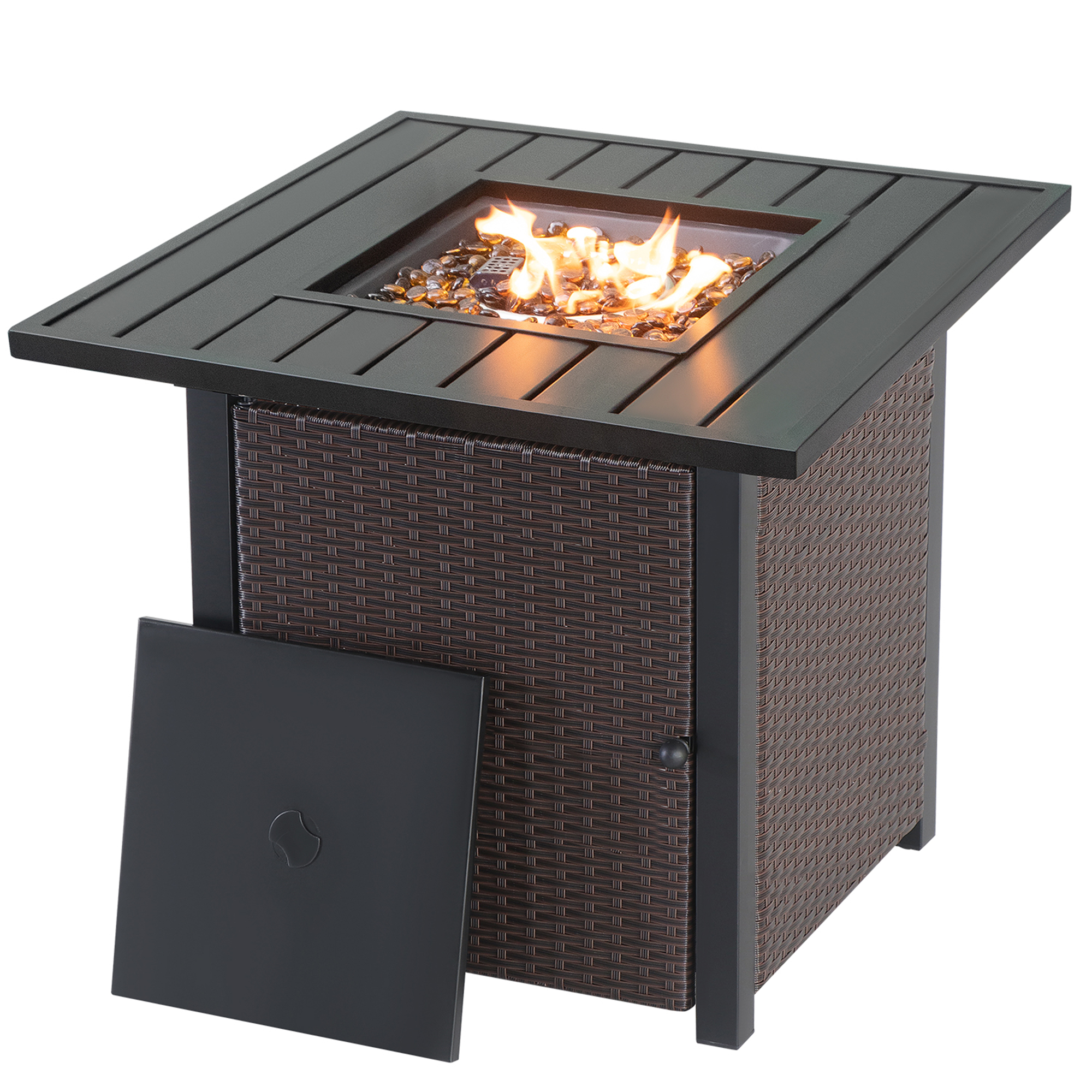 Propane Fire Pit Table Wicker 28in 40,000 BTU, Patio Outdoor LP Rattan Gas FirePit Steel Tabletop with Lid and Fire Glass Beads CSA Certified, Brown-Boyel Living