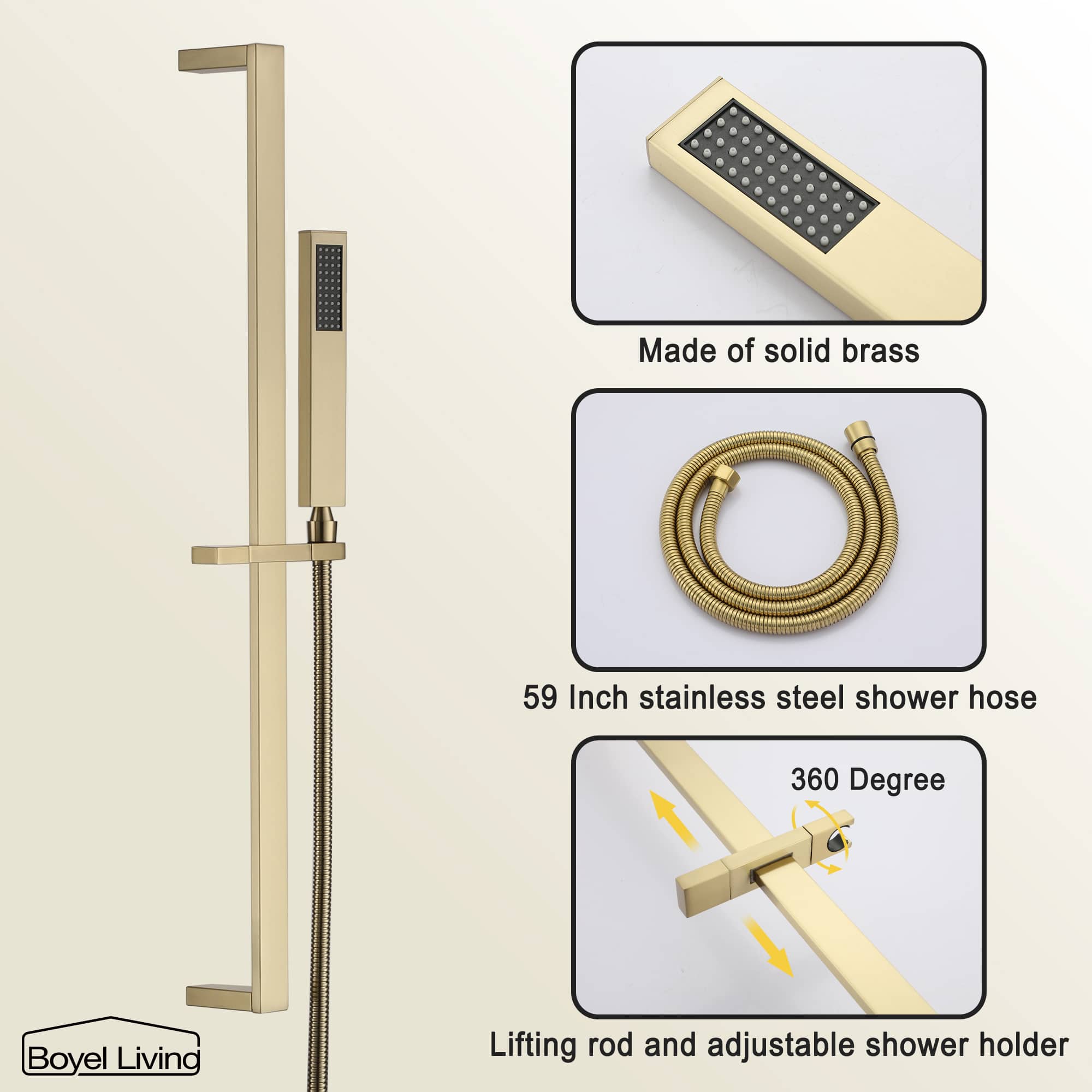Boyel Living Wall-Mounted 2 GPM Bathroom Shower Faucets Set with Sliding Bar, 10-Inch Square Rainfall Shower Head and Handheld Shower in Brushed Gold-Boyel Living