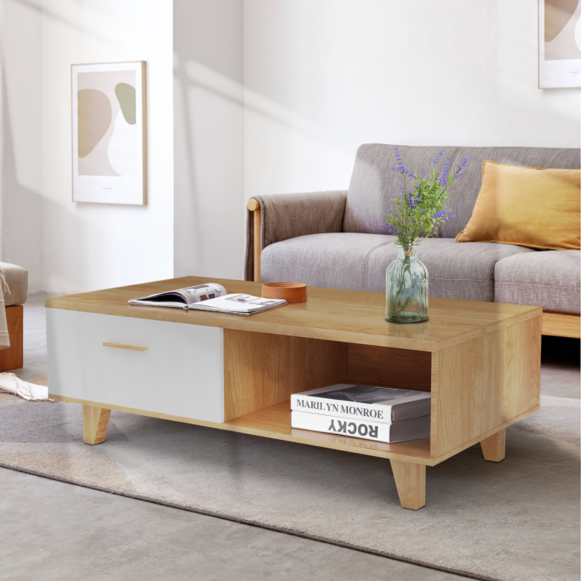 COFFEE TABLE，computer table, wood+white color, solid wood handles and legs, two drawers-Boyel Living
