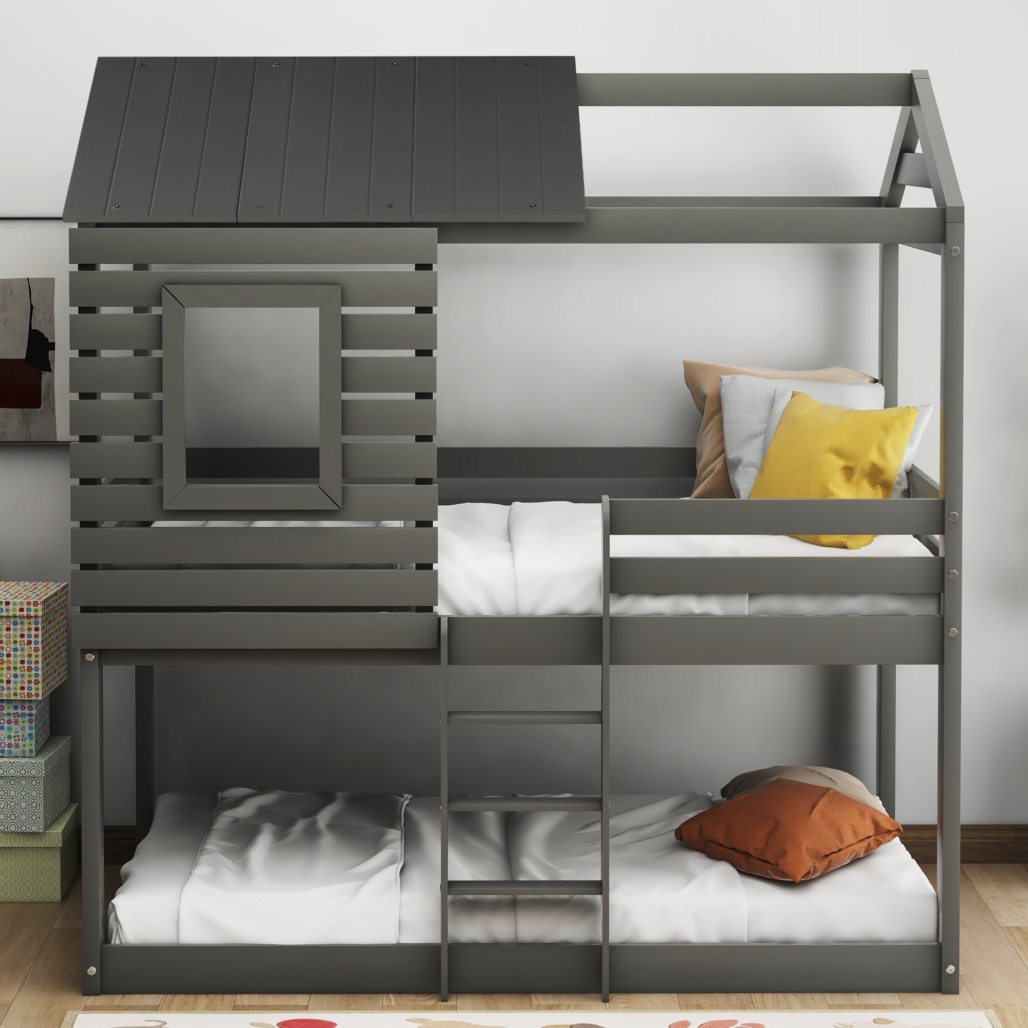 Twin Over Twin Bunk Bed Wood Loft Bed with Roof, Window, Guardrail, Ladder (Gray)-Boyel Living