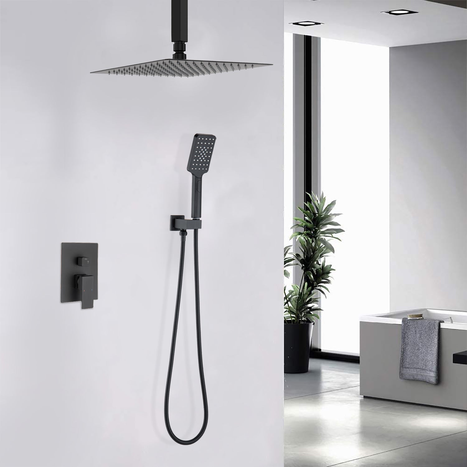 Boyel Living 12 in. 2.5 GPM Ceiling Mount Dual Shower Heads Shower System with Handheld in Matte Black-Boyel Living