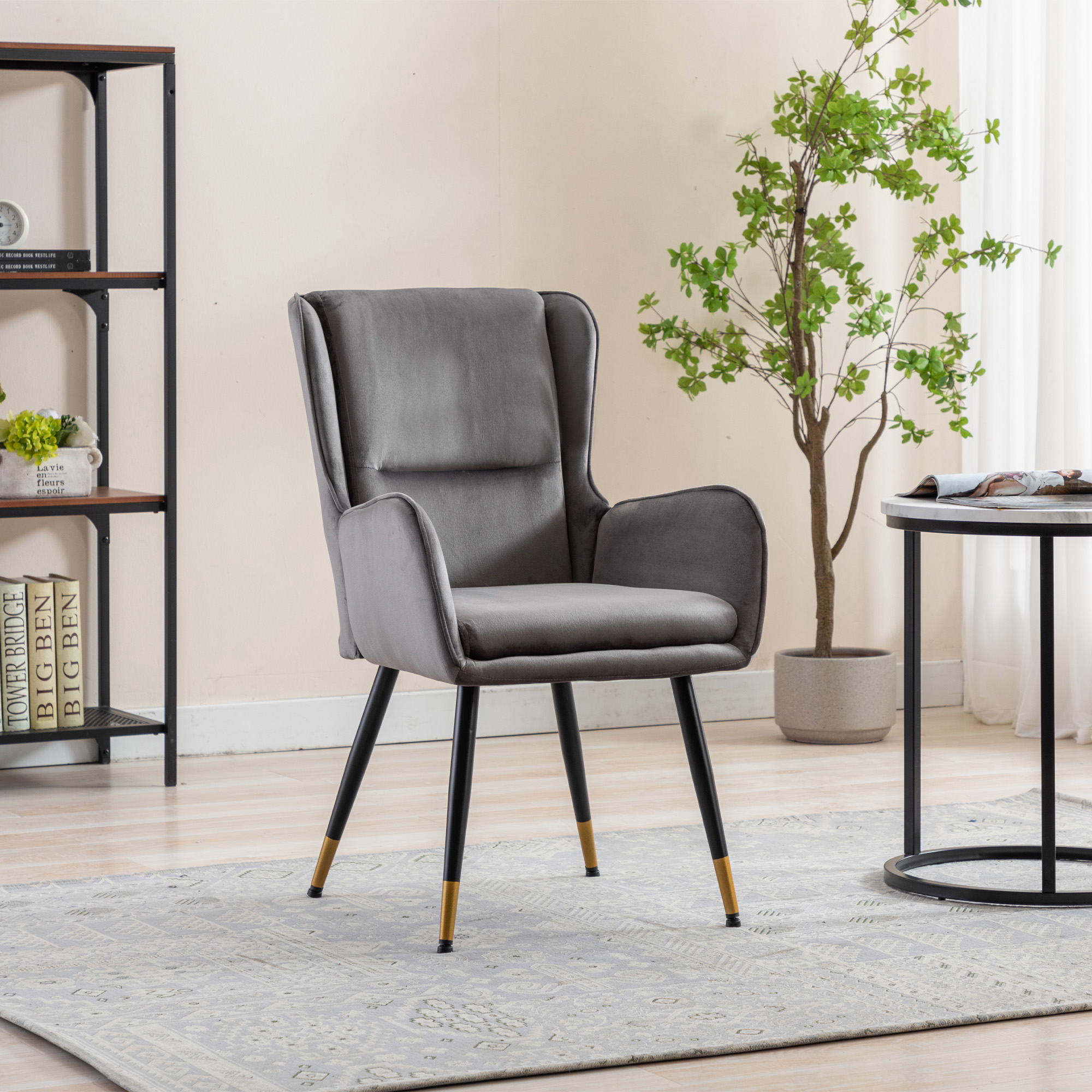 HengMing Velvet Accent Chair Comfy Arm Chair High Back for Bedroom/Living Room/Reading/Desk,Gray