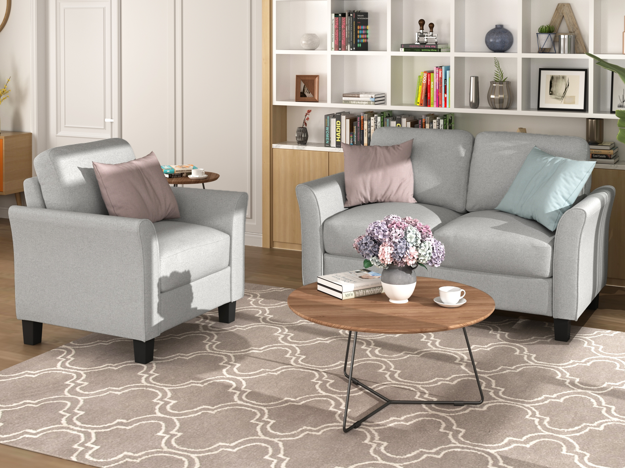 Living Room Furniture Armrest Single Sofa   and Loveseat Sofa (Light Gray)-Boyel Living
