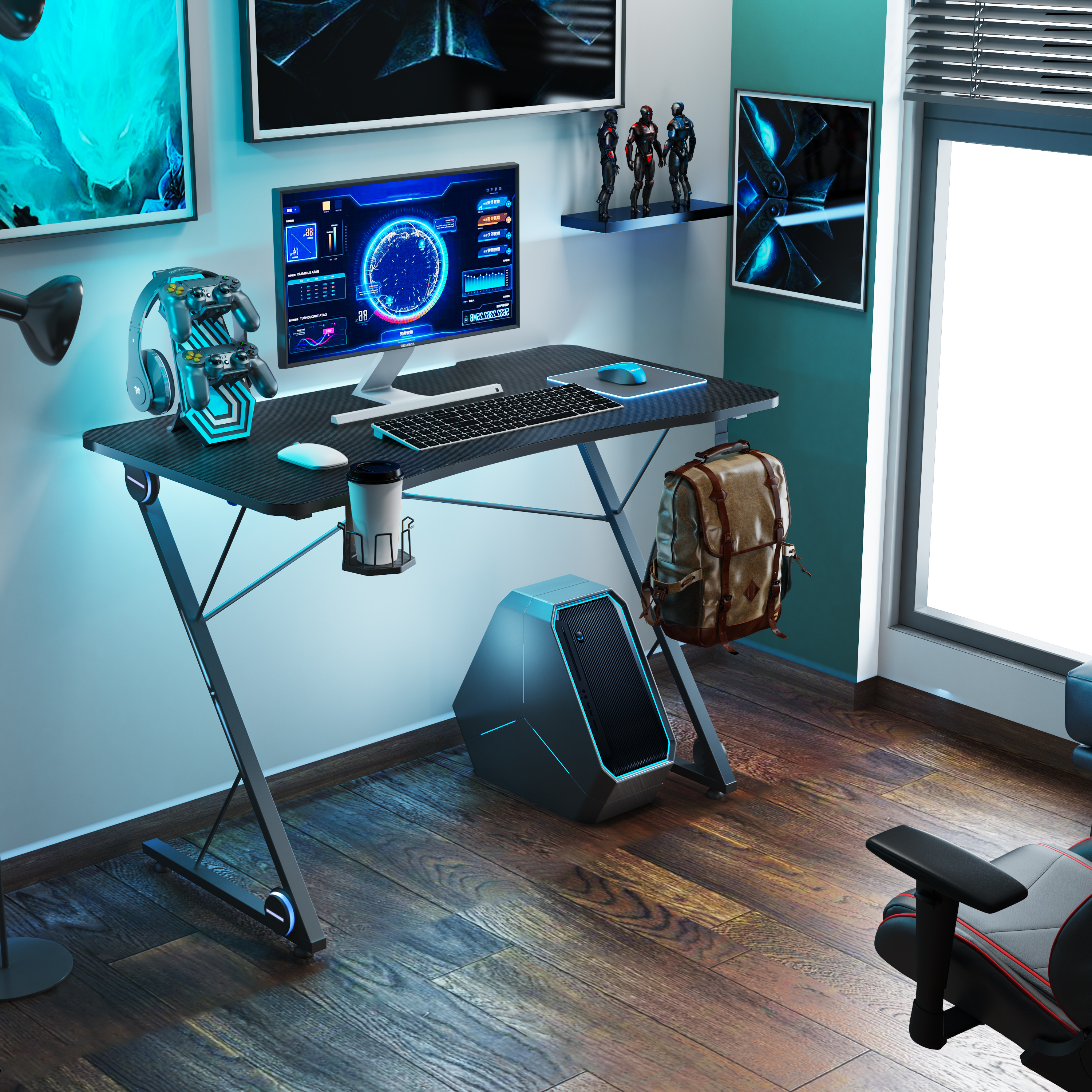 Gaming Desk, Z-Shaped Professional E-Sport Gamer Workstation with LED Lights  Large Carbon Fiber Surface, Ergonomic PC Gaming Table for Home Office-Boyel Living