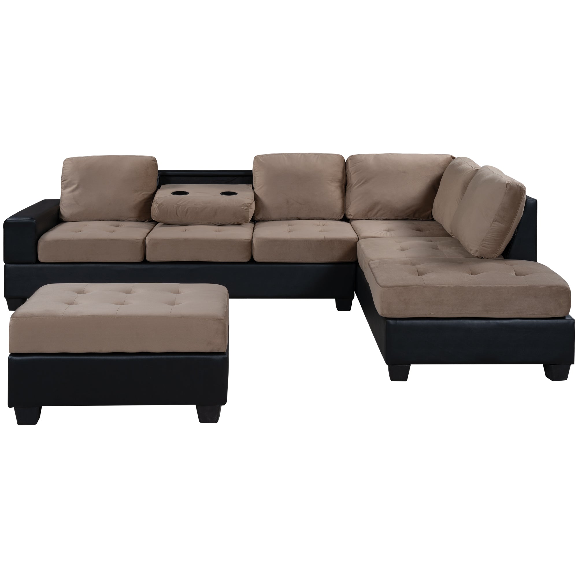 Convertible L Shaped Sectional Sofa with Reversible Chaise, Storage Ottoman and Two Cup Holders-Boyel Living