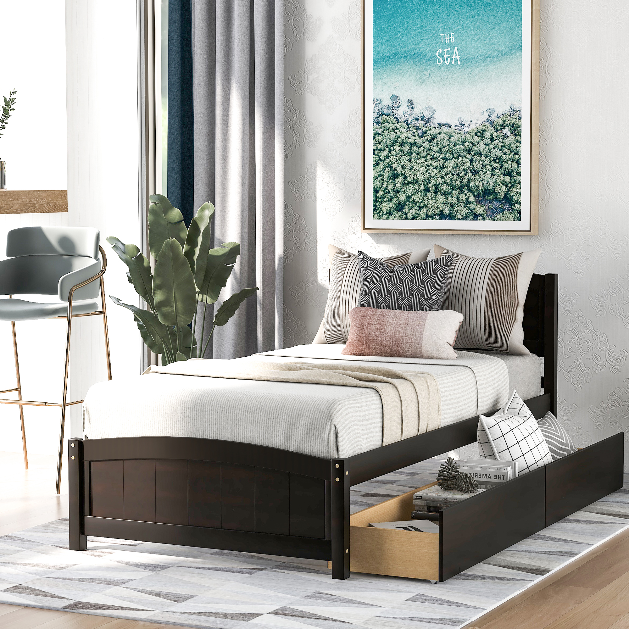 Twin size Platform Bed with Two Drawers, Espresso-Boyel Living