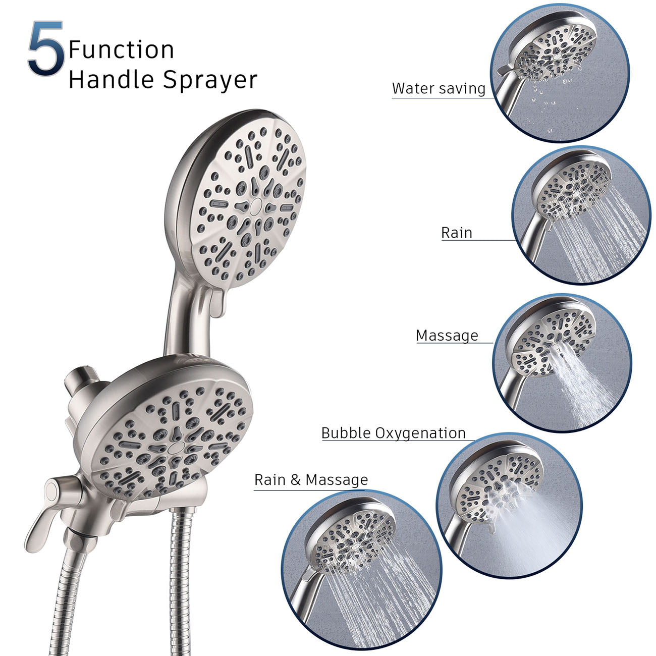 5-Spray Patterns 5 in. Wall Mount Dual Shower Heads and Handheld Shower Head-Boyel Living