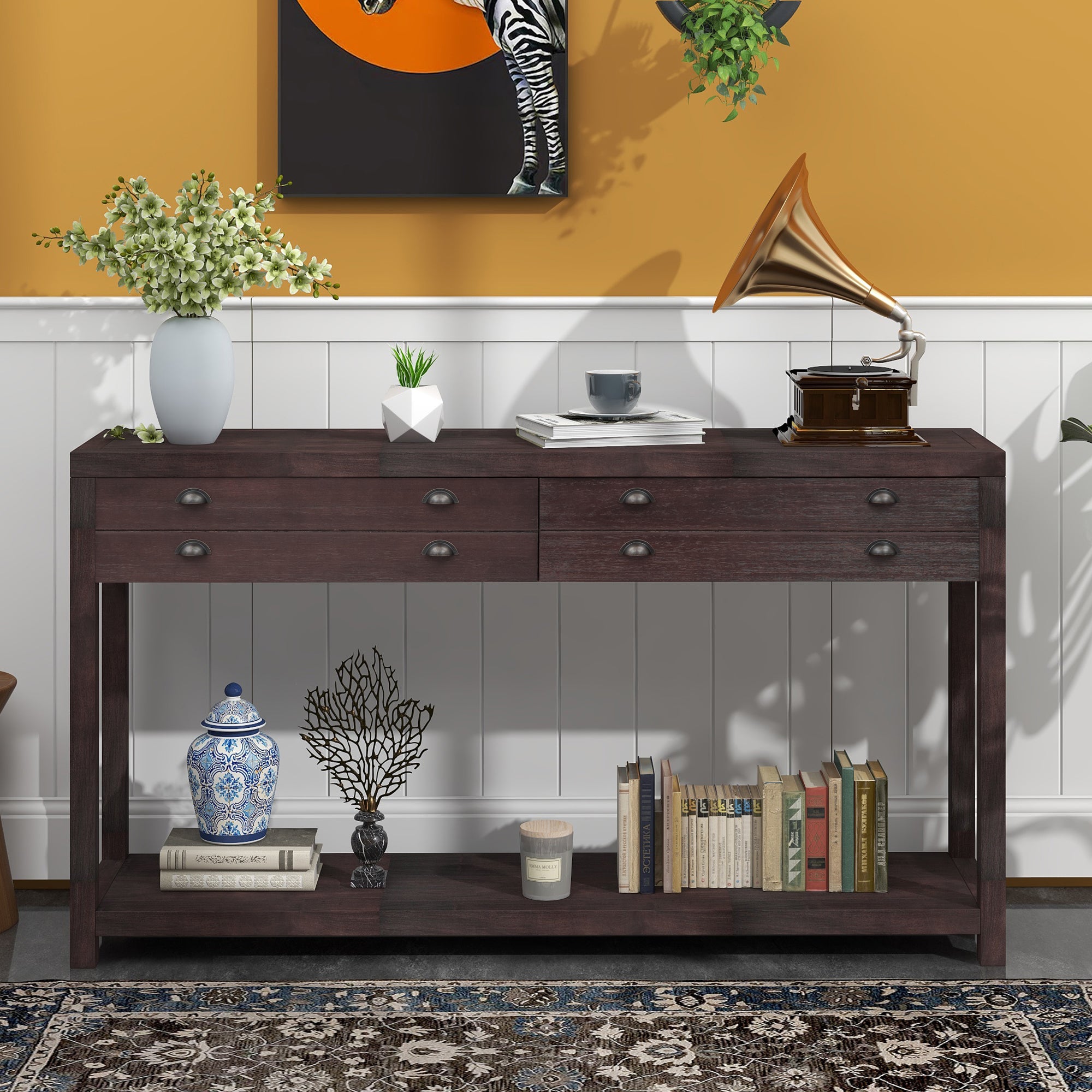 Retro Style Wooden Console Table with Two Big Top Drawers and Open Style Shelf Large Storage Space-Boyel Living