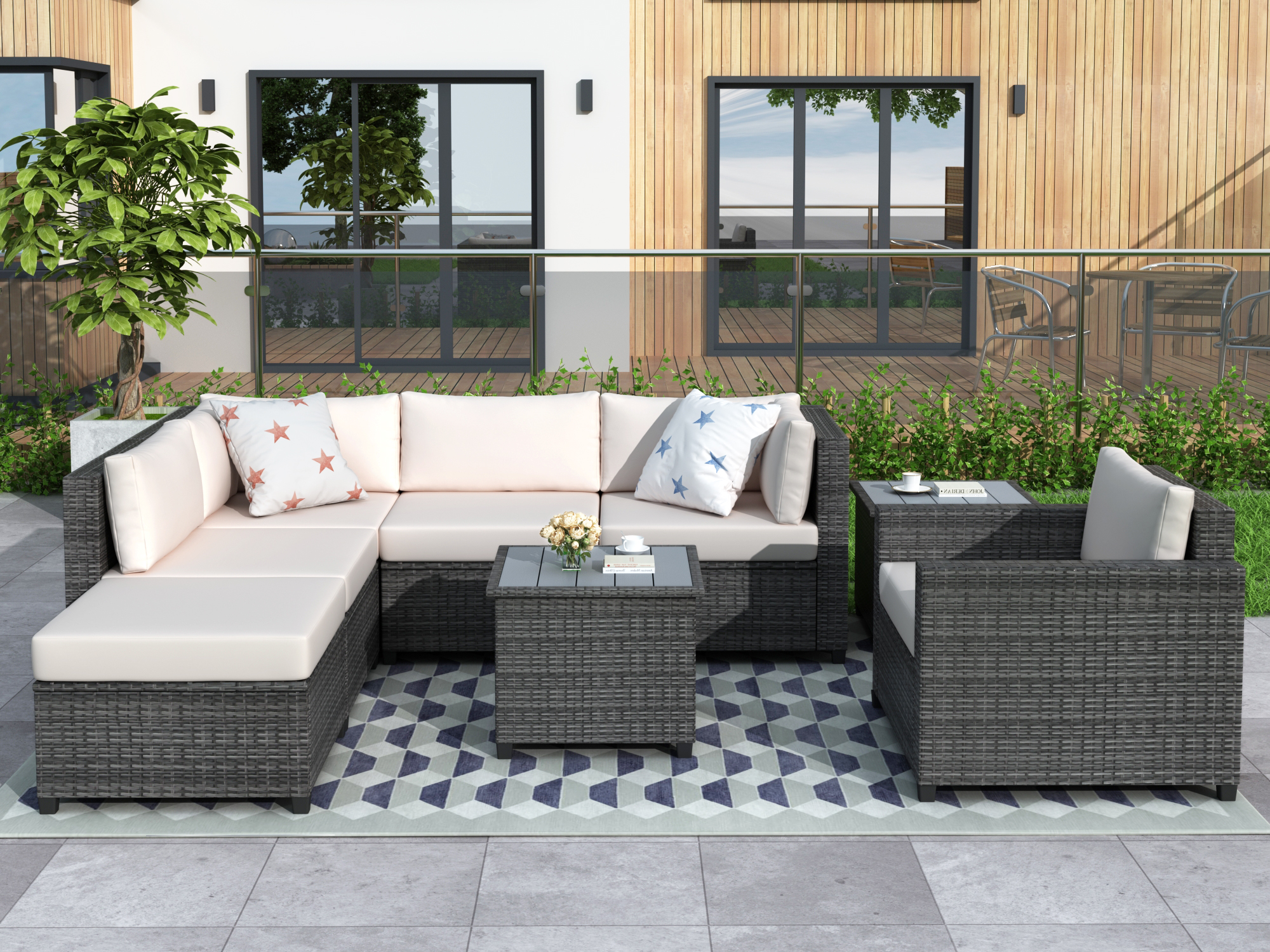 8 Piece Rattan Sectional Seating Group with Cushions, Patio Furniture Sets, Outdoor Wicker Sectional-Boyel Living