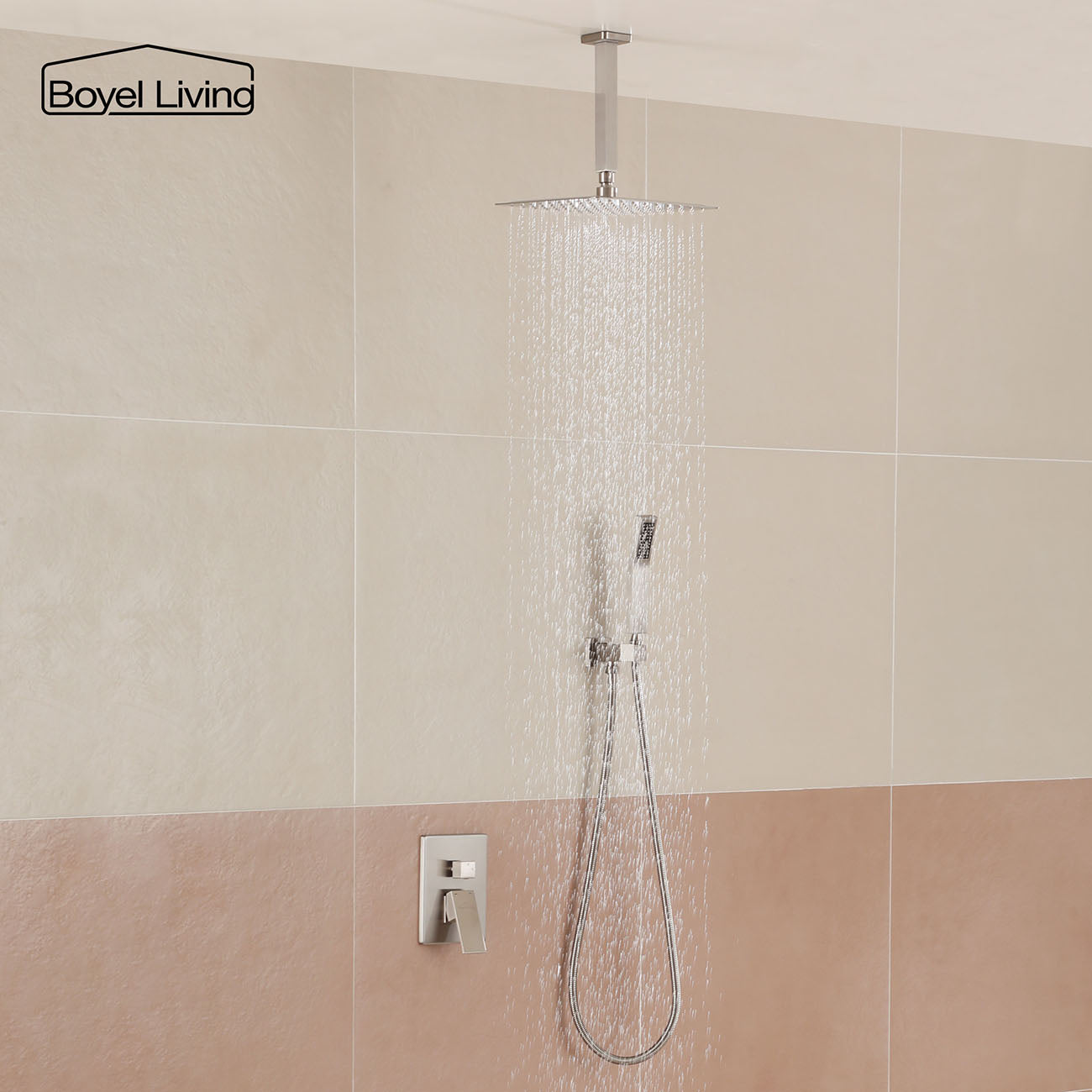 Boyel Living Ceiling Mount Dual Shower Heads, 2.5 GPM Shower System with Handheld Shower, 10 in./16 in. Brushed Nickel/Matte Black-Boyel Living