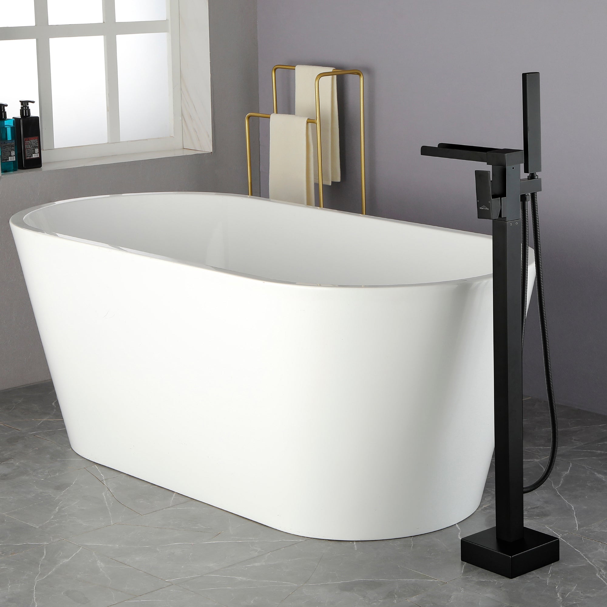 Matte Black Freestanding Floor Mount Single Handle Waterfall Tub Filler Faucet with Handheld Shower-Boyel Living