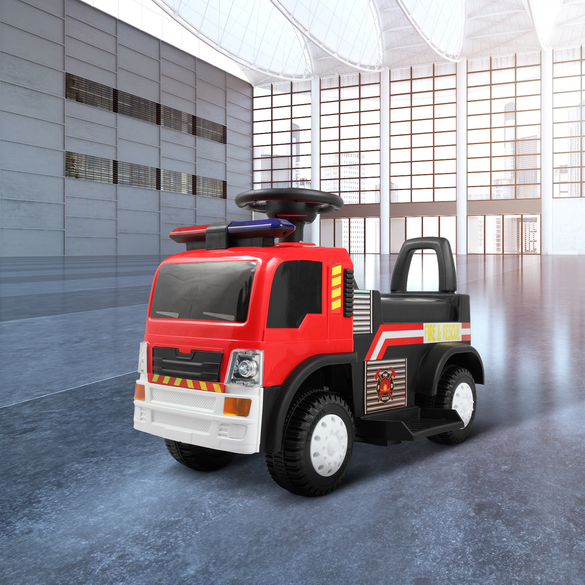 Kids Electric Ride on Fire Truck 6V Battery Powered Fire Fighting Truck with LED Lights, Music and Horn, Red+Black-Boyel Living