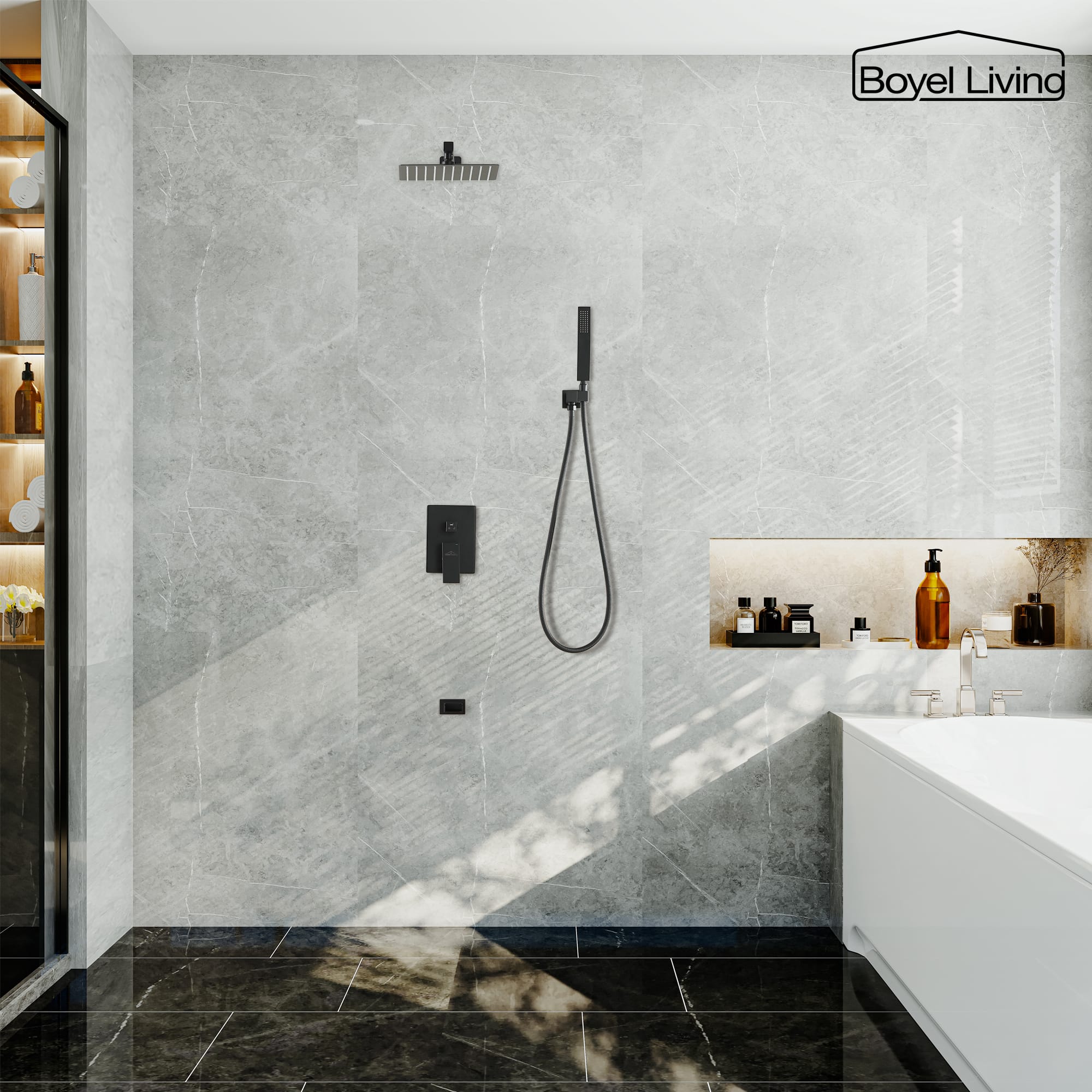 Boyel Living 3-Function Shower System with Wall Mount Shower Head and Bathtub Faucet and Handheld in Matte Black-Boyel Living