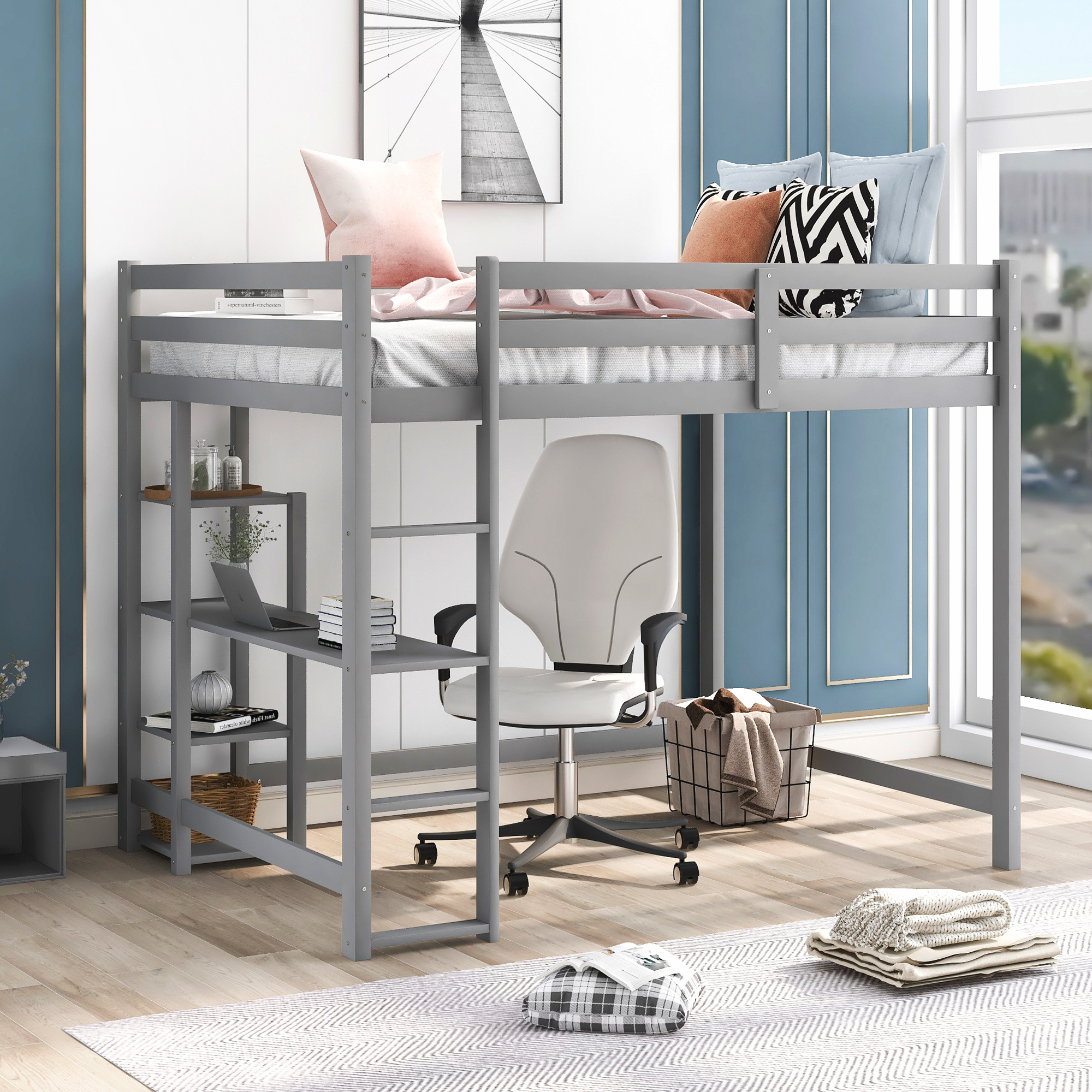 Full Size Loft Bed with Built-in Desk and Shelves,White/Gray