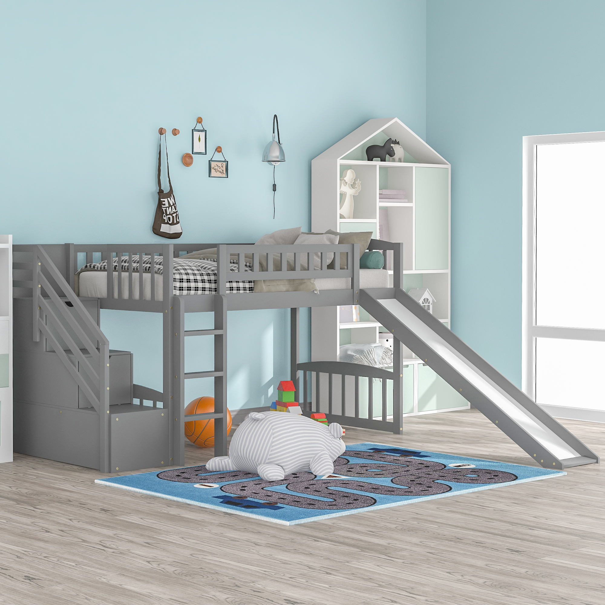 Stairway Twin Size Loft Bed with Two Drawers and Slide, Gray-Boyel Living