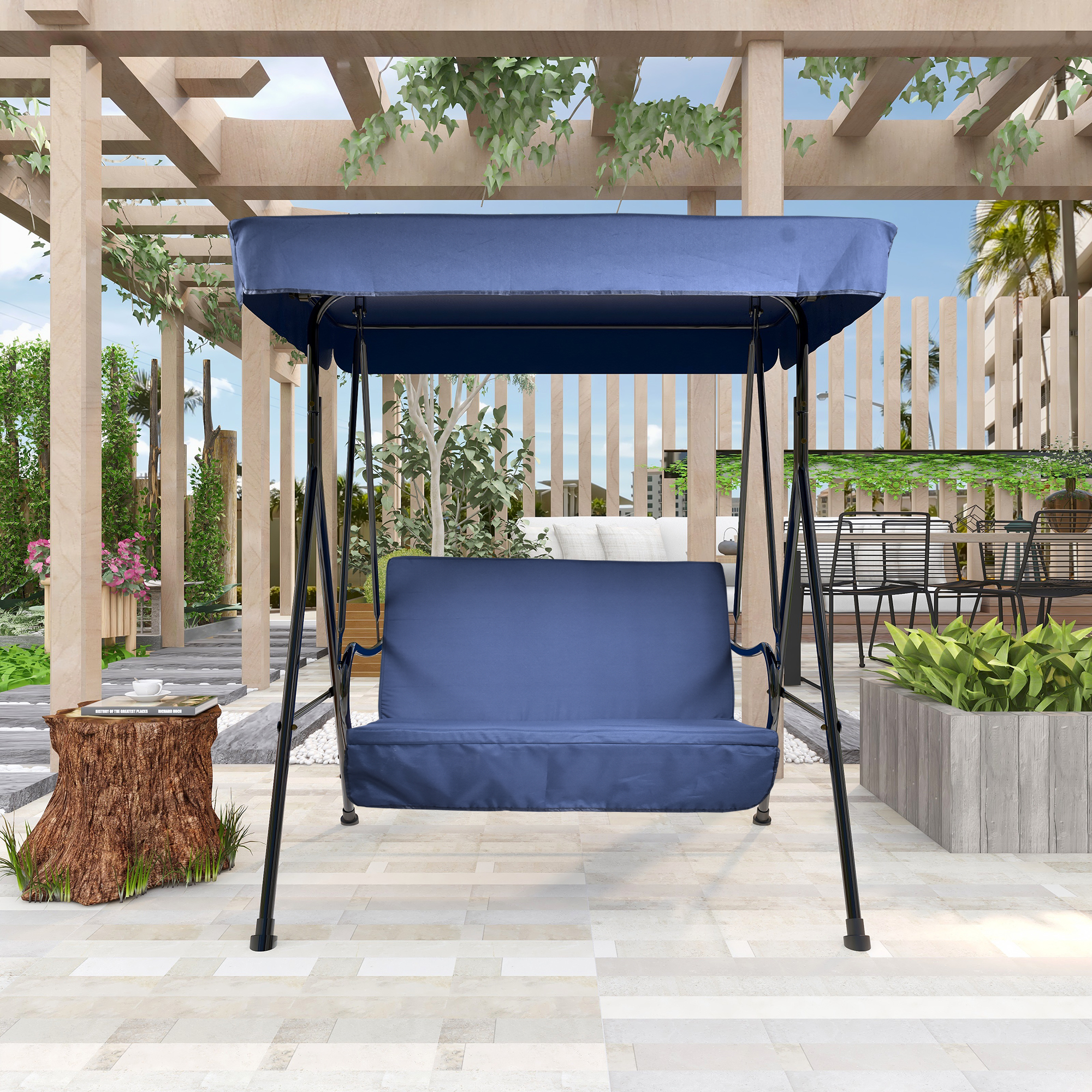 2-Seat Outdoor Patio Porch Swing Chair, Porch Lawn Swing With Removable Cushion And Convertible Canopy, Blue-Boyel Living