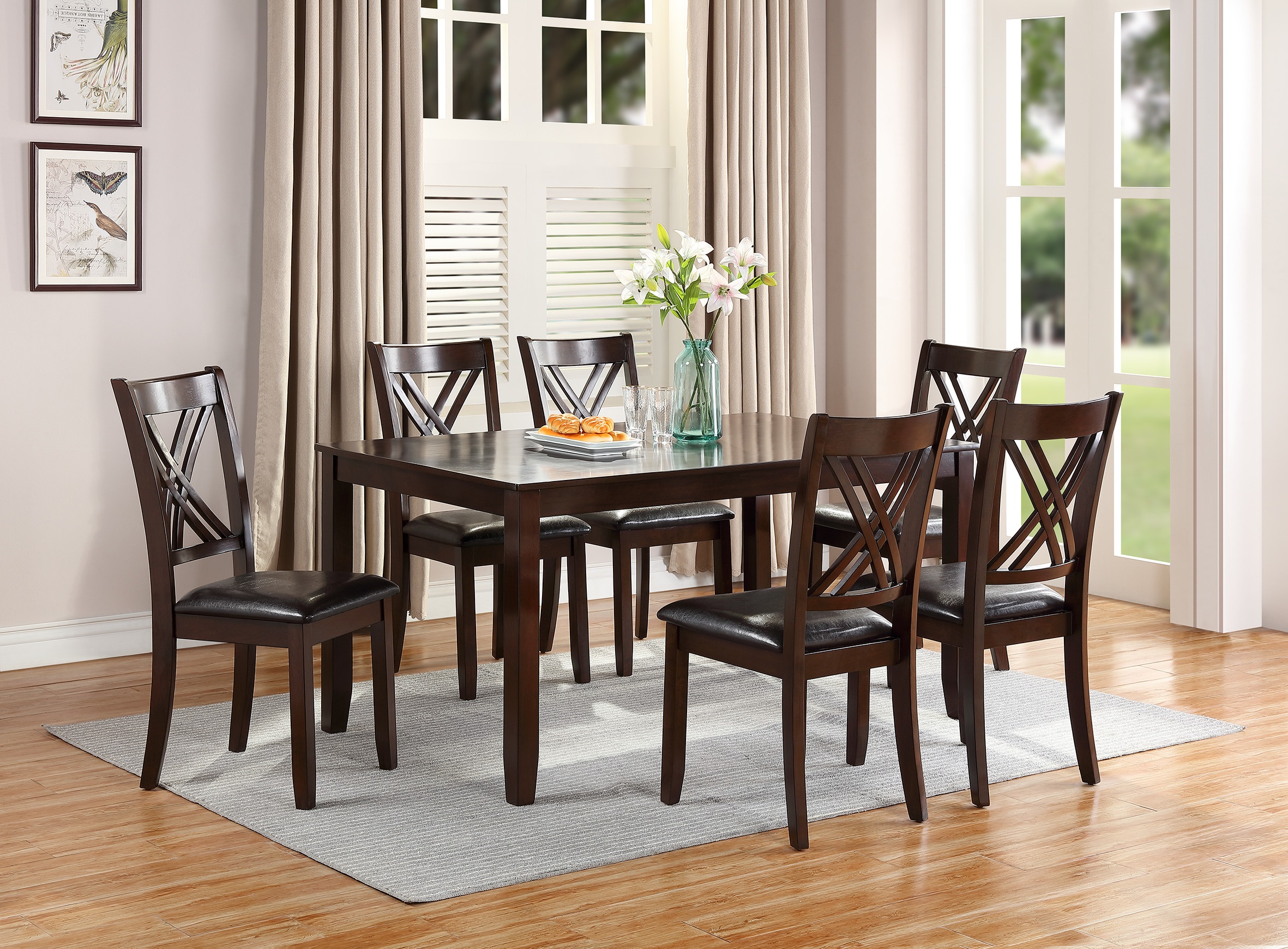 7pcs Dining Set Dining Table 6 Side Chairs Clean Espresso Finish Cushion Seats X Design back Chairs-Boyel Living