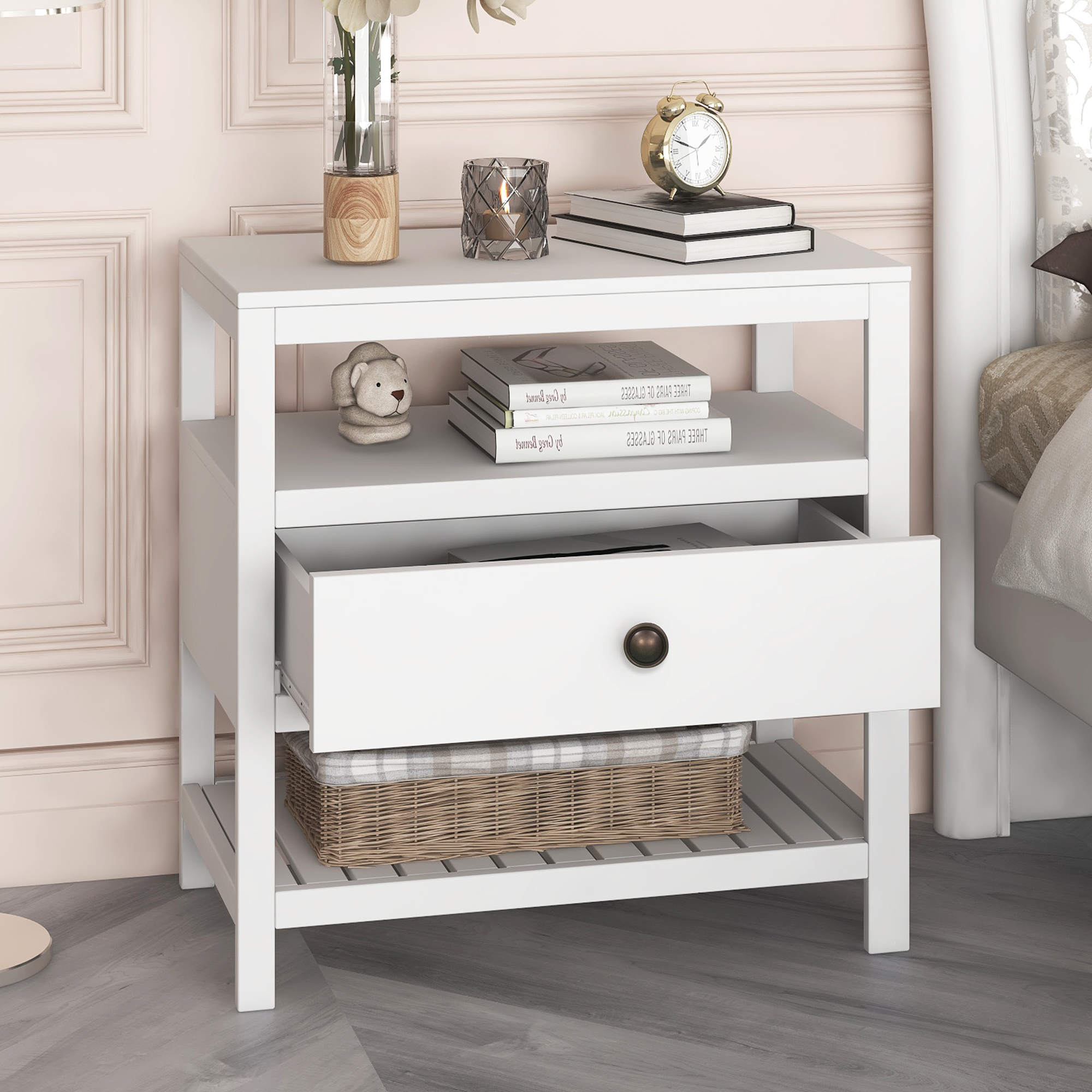 Modern Wooden Nightstand with Drawers Storage for Living Room/Bedroom, White-Boyel Living