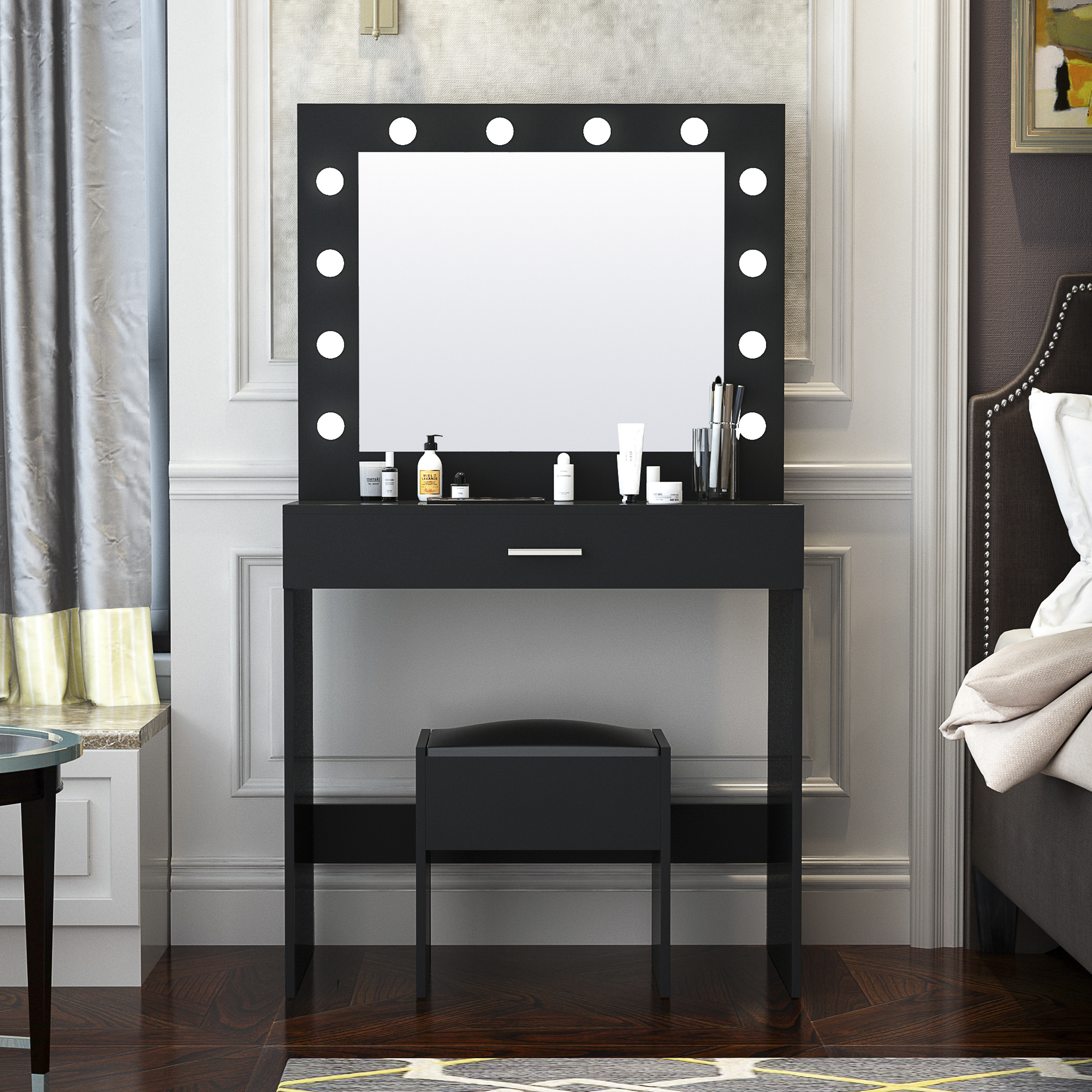 Modern Design Bedroom Makeup Dressing Table with Light and Stool,Black-Boyel Living