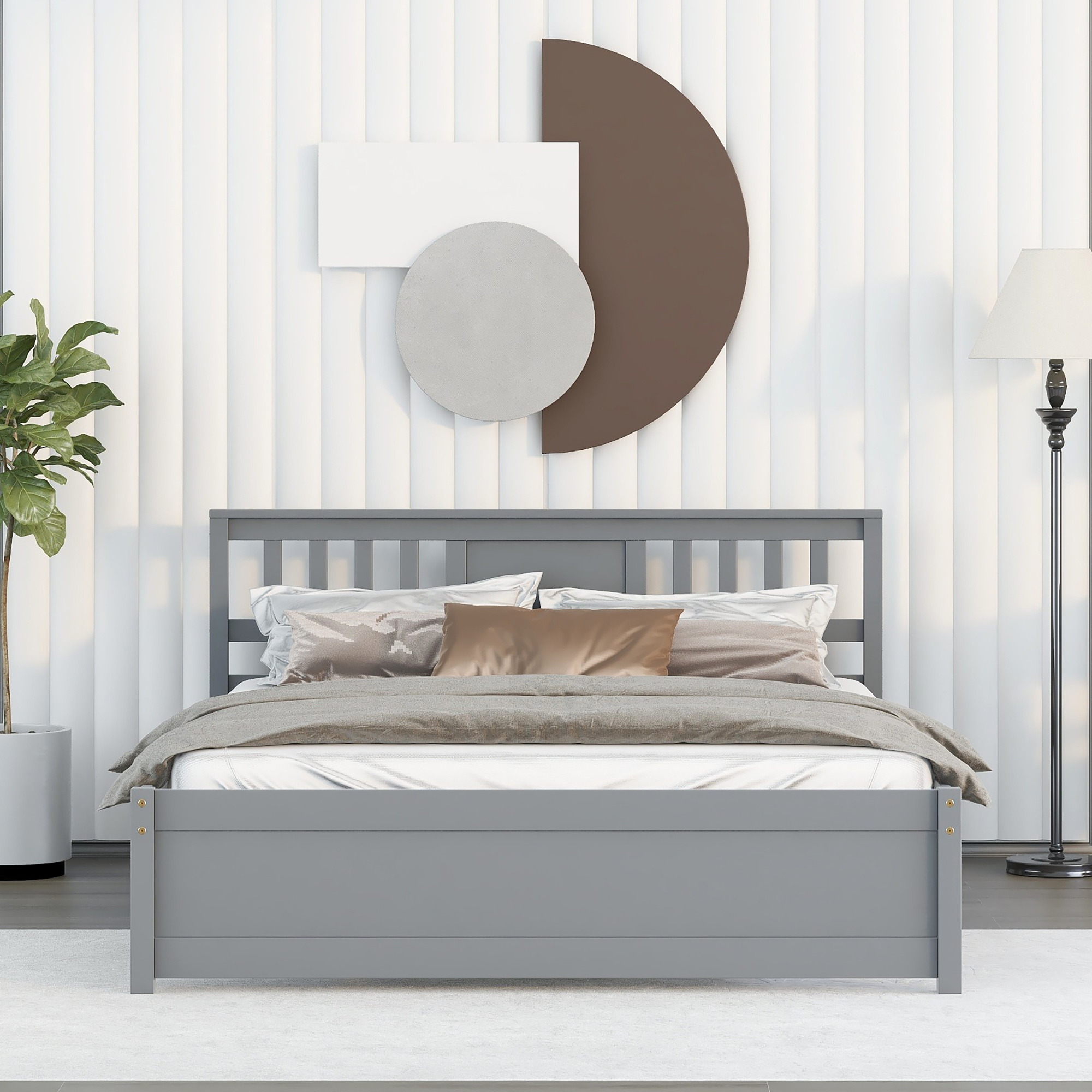 Modern design Wood Platform Queen Bed Frame with Headboard for Gray color