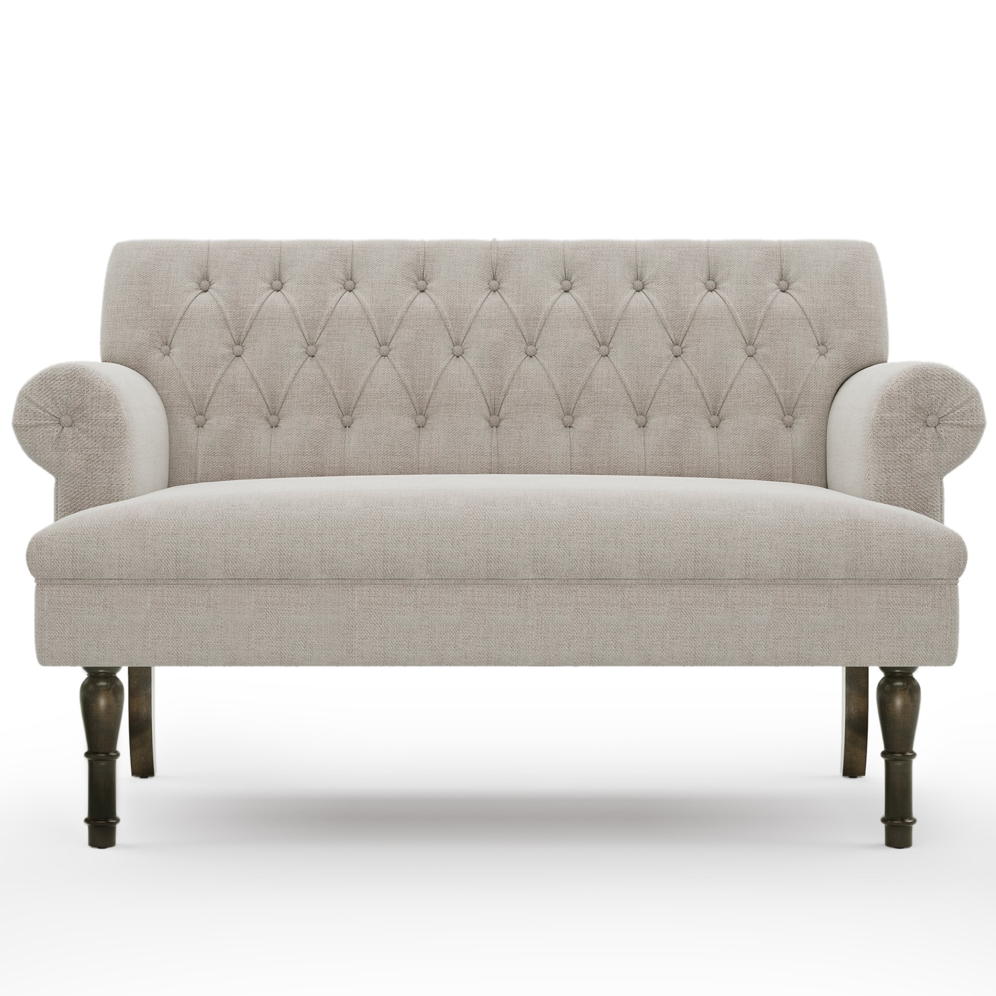 58" Linen Textured Fabric Chesterfield Settee Button Tufted Scrolled Arm Loveseat High Gourd Wood Leg Studio Bench (Pillows not included) Light Beige-Boyel Living