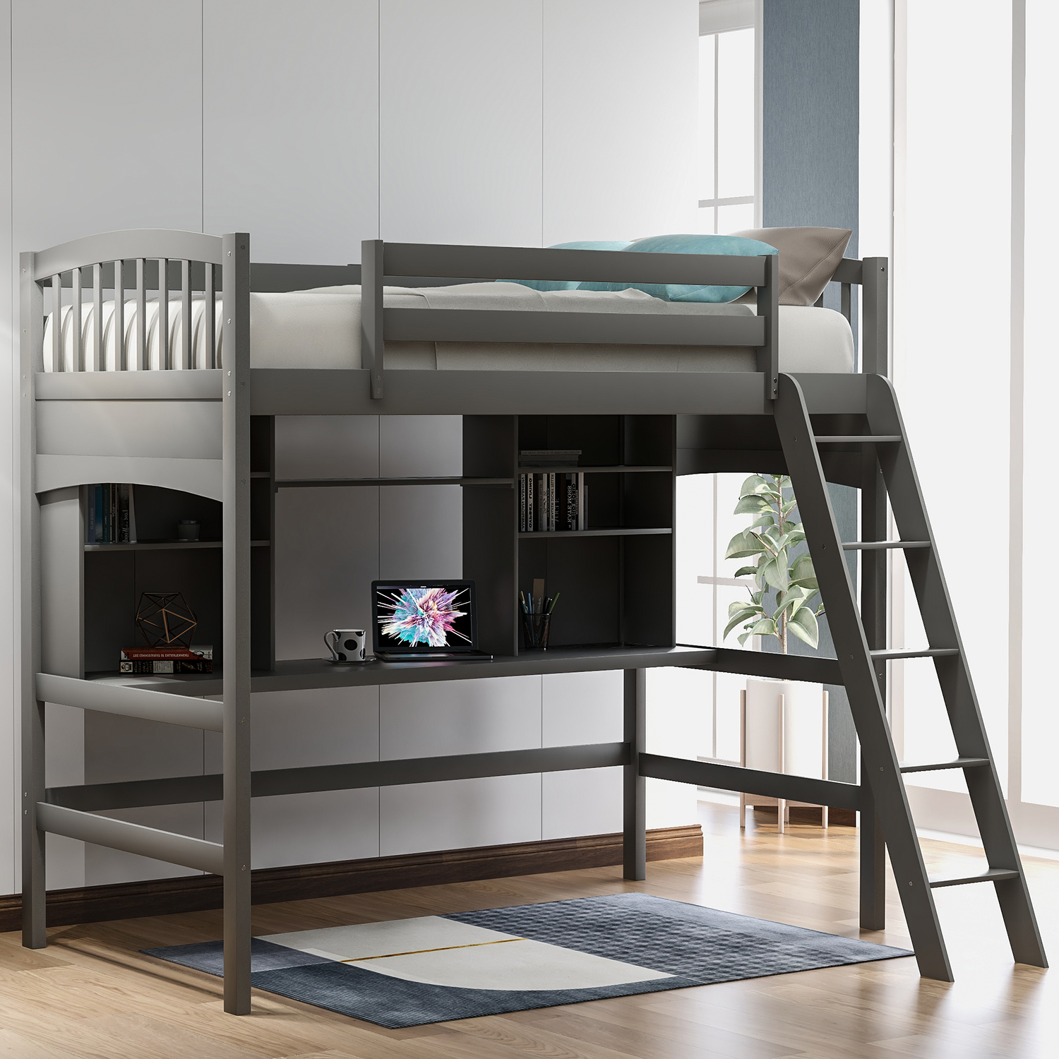 Twin size Loft Bed with Storage Shelves, Desk and Ladder, Gray(OLD SKU :LP000140EAA)-Boyel Living