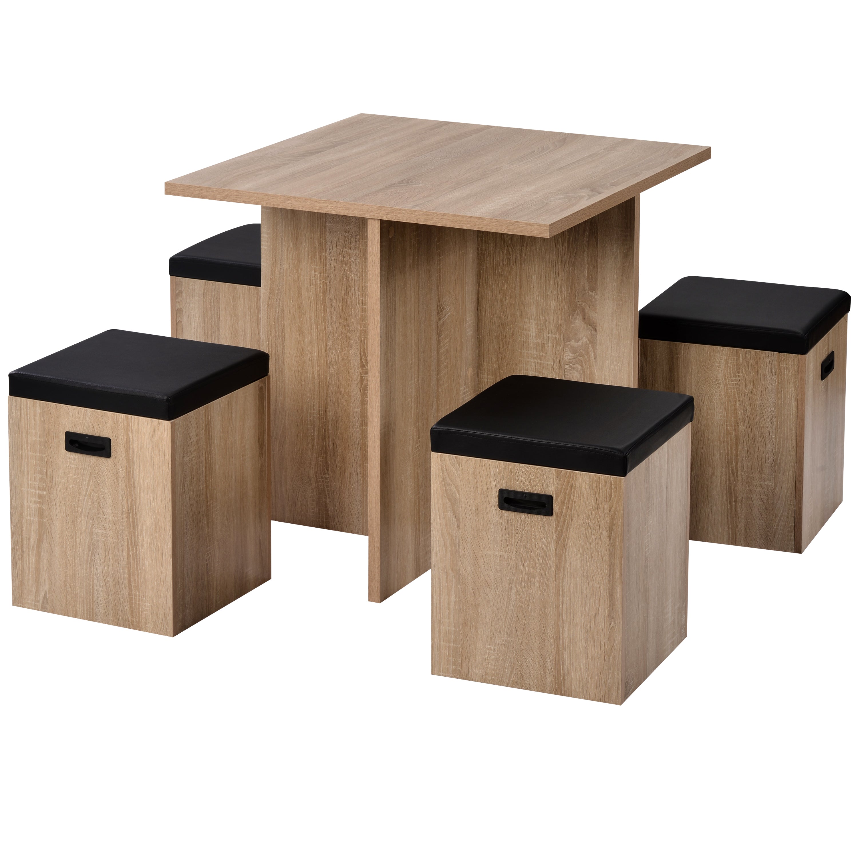 5-Piece Dining Set with Storage Ottoman, Faux Wood Table and 4 Ottomans, Beige-Boyel Living