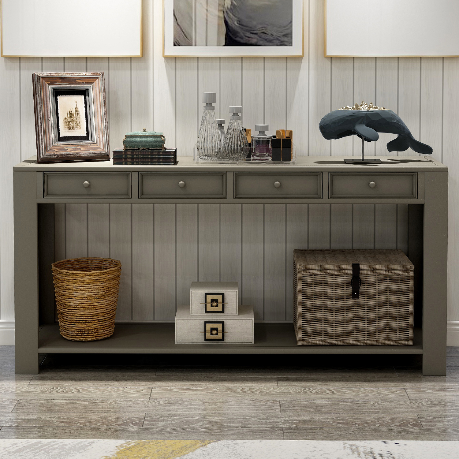 Console Table for Entryway Hallway Sofa Table with Storage Drawers and Bottom Shelf (Khaki)-Boyel Living