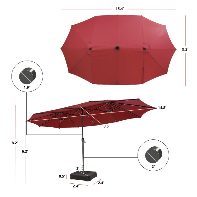 Boyel Living 15 Feet Double-Sided Patio Umbrella with 48 LED Lights