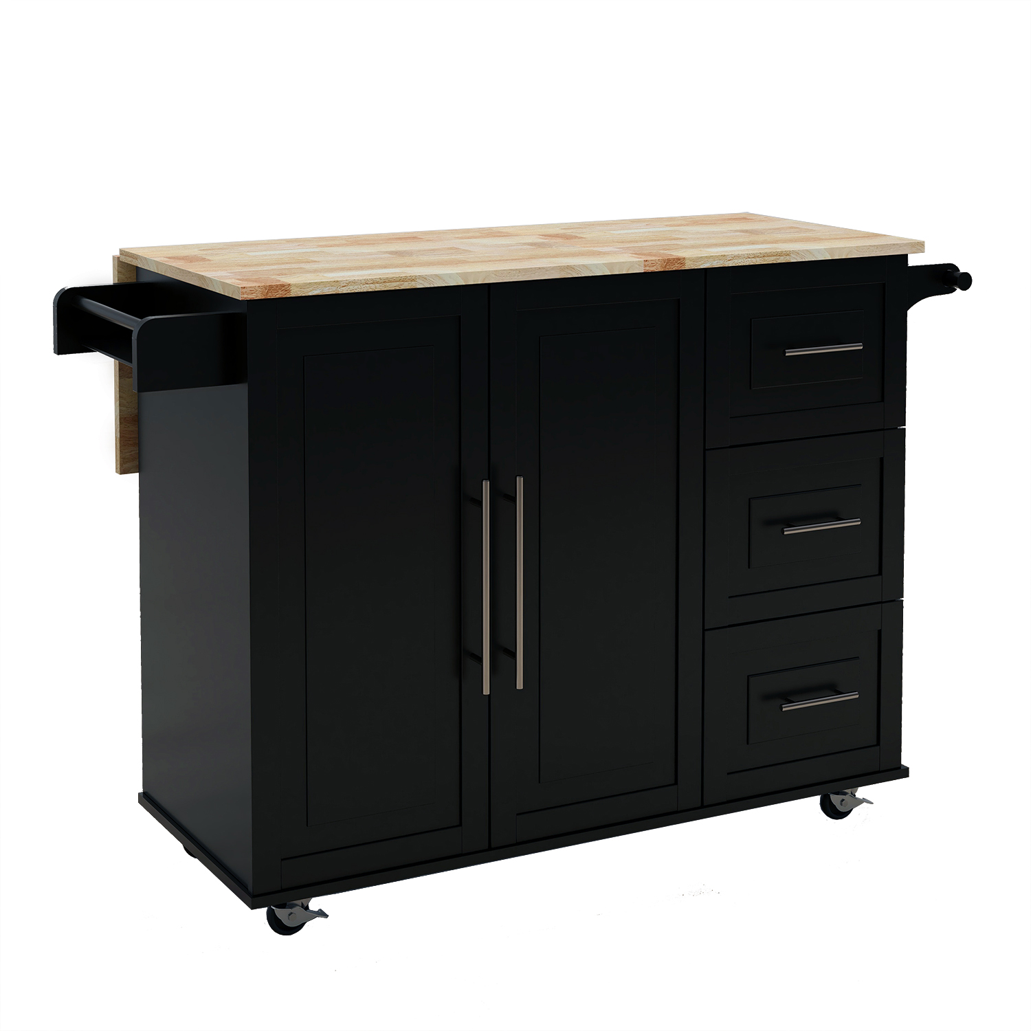 Kitchen Island with Spice Rack, Towel Rack and Extensible Solid Wood Table Top-Black-Boyel Living
