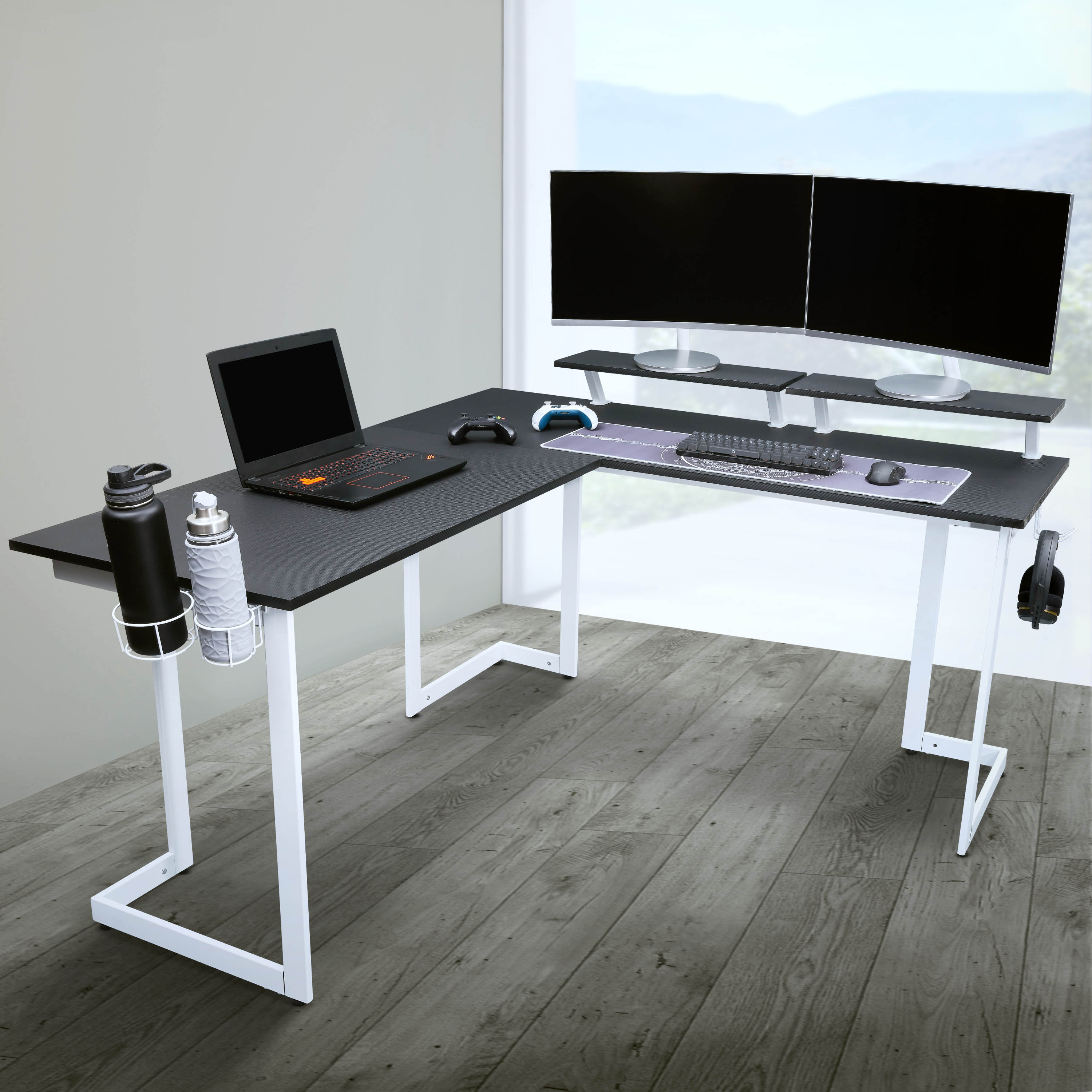 white l shaped gaming desk